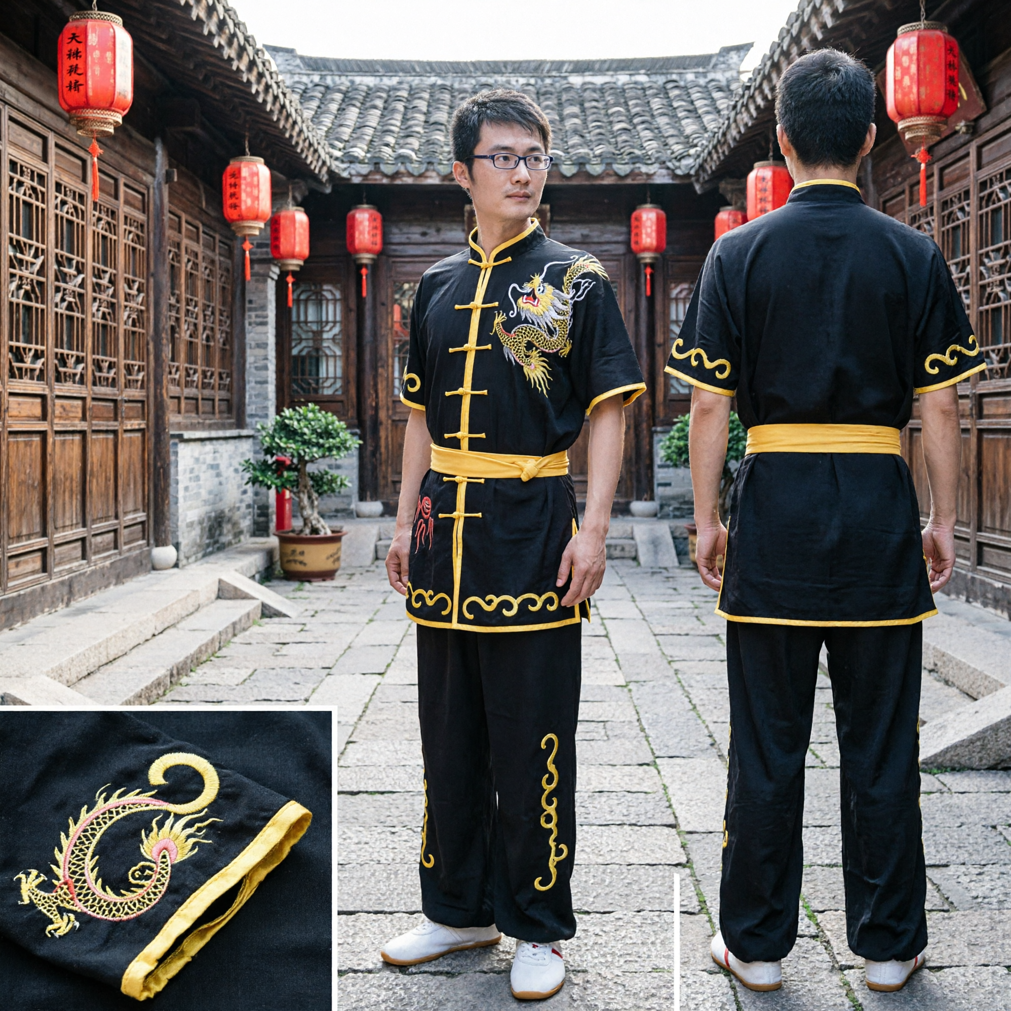 Męski czarny strój kung fu z haftem smoka, tradycyjny komplet kostiumu Wushu Tai Chi do sztuk walki - Asian Costume