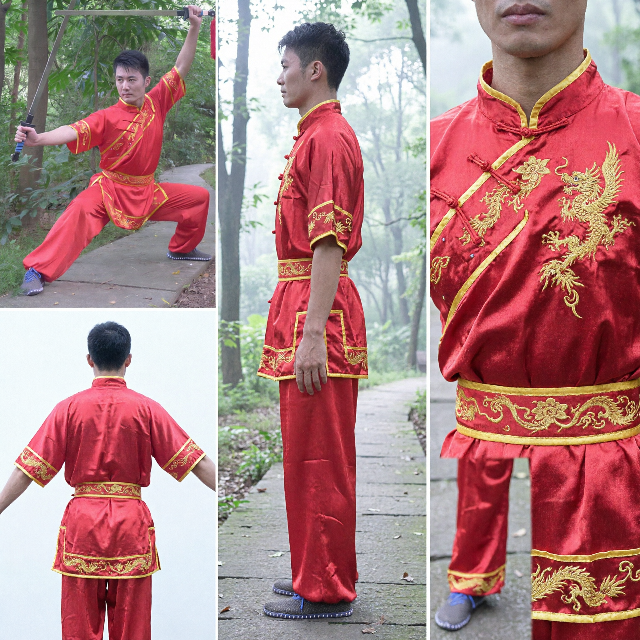 Traditional Red Silk Kung Fu Uniform Set with Mandarin Duck Double Sword for Wushu Performance - Asian Costume