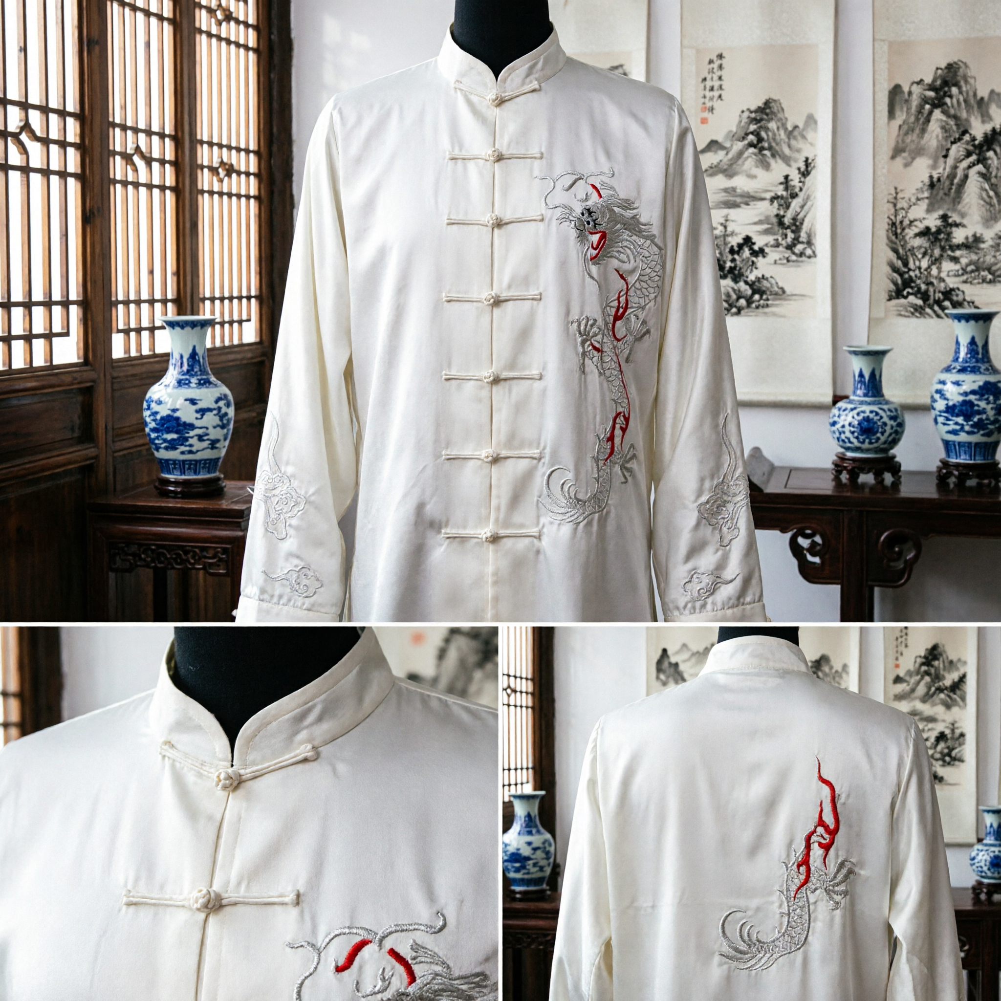 Uniforme de Tai Chi de Seda Blanca con Bordado de Dragón Traje Tradicional Chino de Kung Fu Wushu Artes Marciales para Hombres - Asian Costume