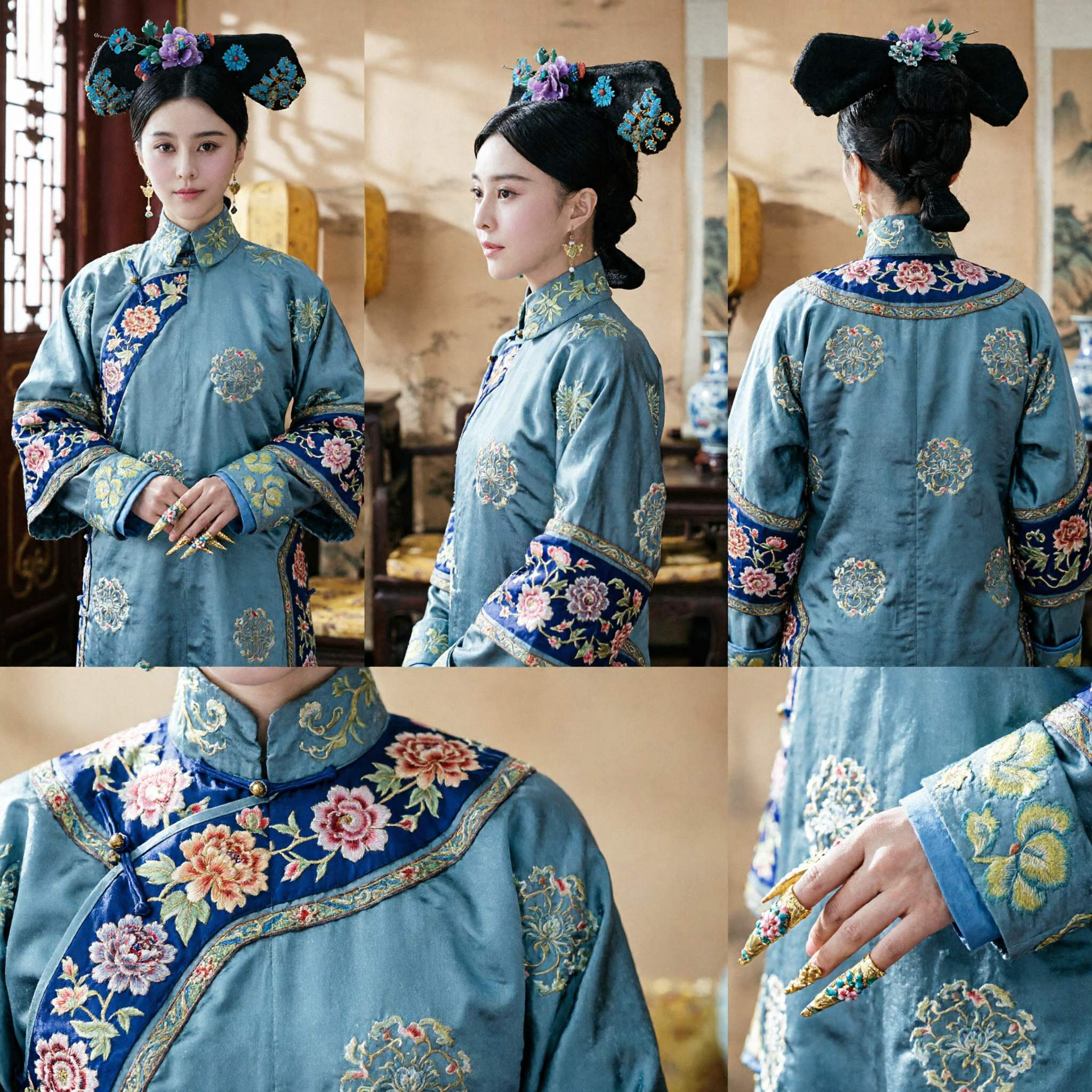 Costume de concubine impériale de la dynastie Qing pour femmes - Ensemble avec coiffe florale et protections d'ongles pour cosplay - Asian Costume