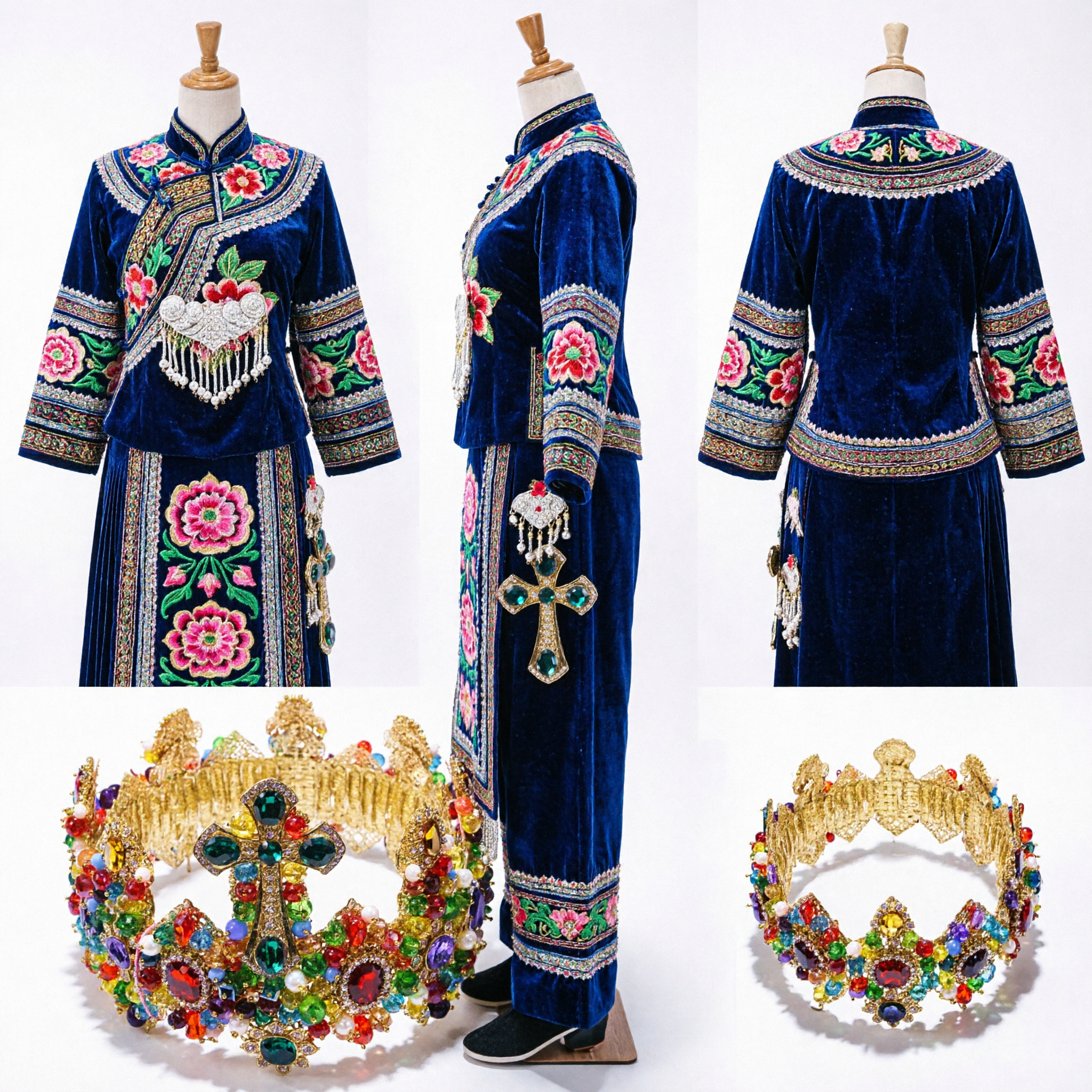 화려한 금빛 종교 왕관과 십자가 귀걸이 세트 멀티컬러 라이네스톤 조각상 및 행사용 - Asian Costume