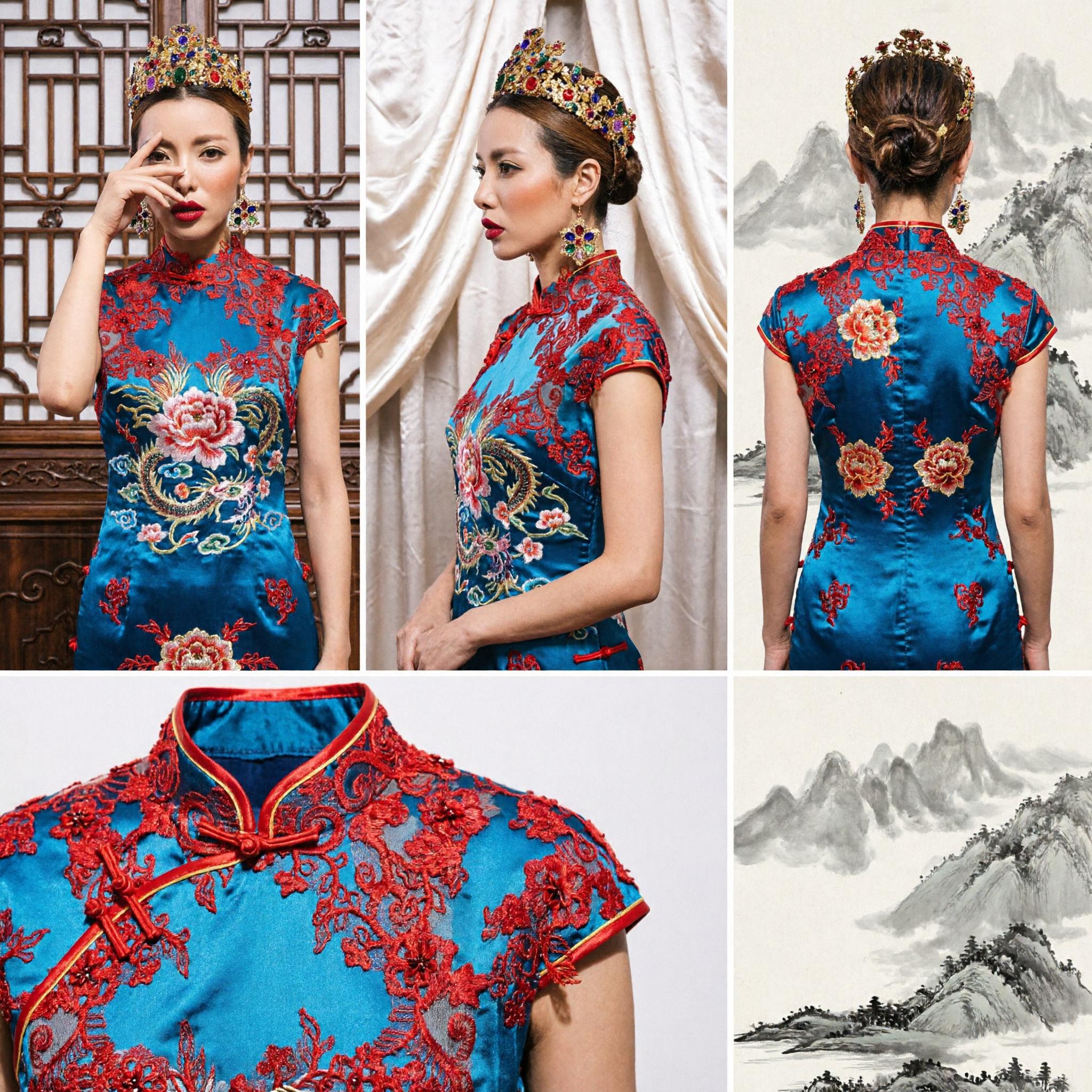 Luksusowa złota królewska korona z wielokolorowymi kryształkami i pasujące kolczyki dla ślubnej panny młodej, królowej parady - Asian Costume