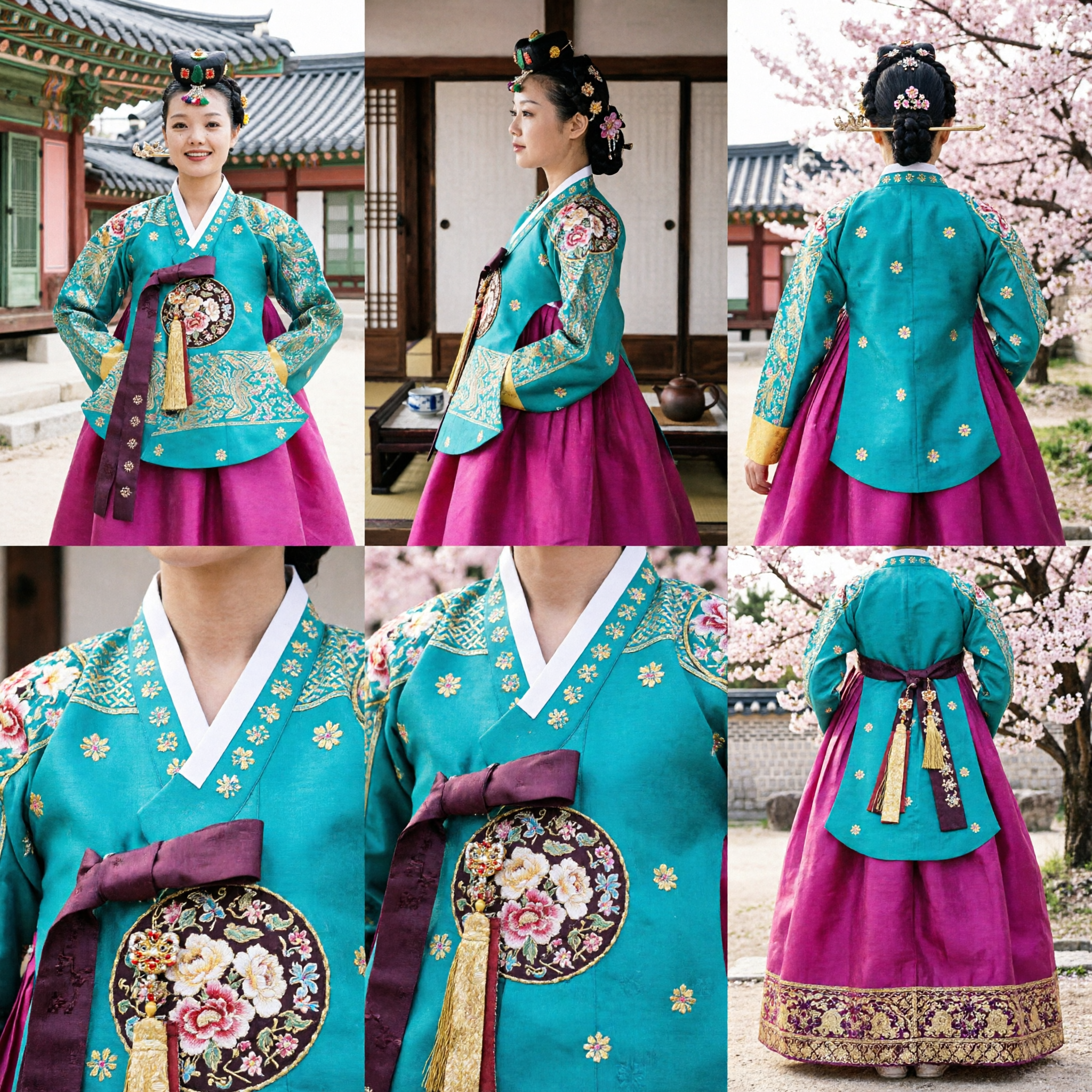 Vestido Hanbok Coreano Tradicional para Mujer Jeogori Bordado Verde Azulado y Chima Rosa para Eventos Culturales - Asian Costume