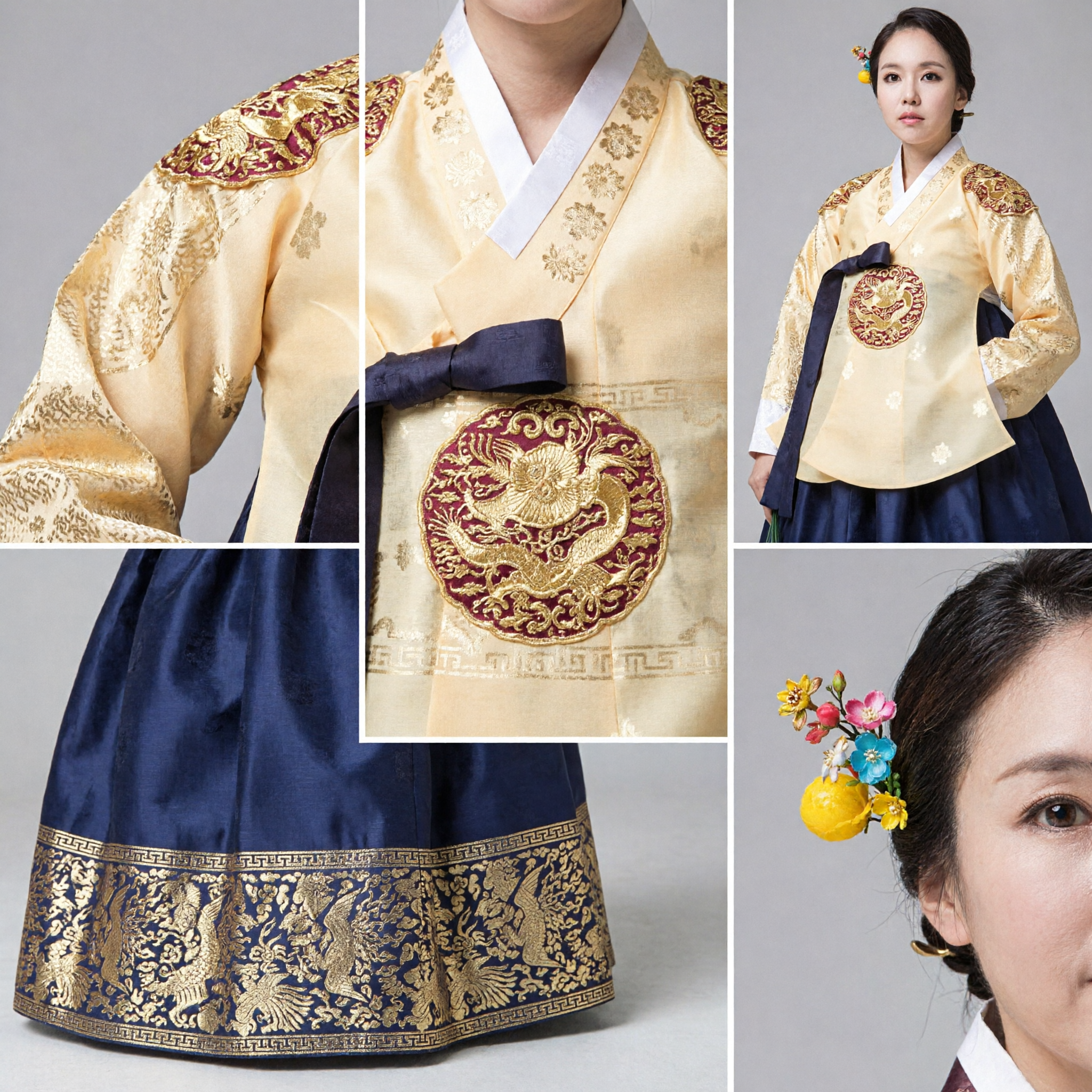 Tradycyjna koreańska suknia hanbok dla kobiet ze złotym haftem na jeogori i granatową chimą na wesela i ceremonie - Asian Costume