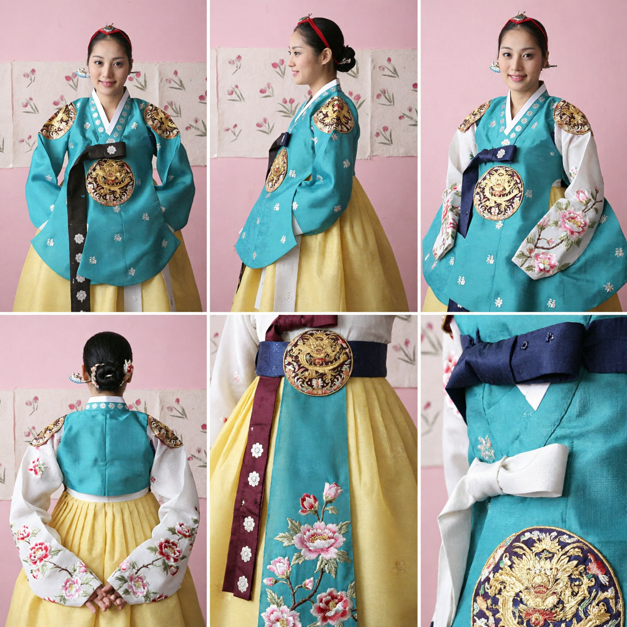 Elegantes türkisfarbenes koreanisches Hanbok-Traditionelles Hochzeitskleid für Damen mit Goldstickerei im Palaststil-Kostüm - Asian Costume
