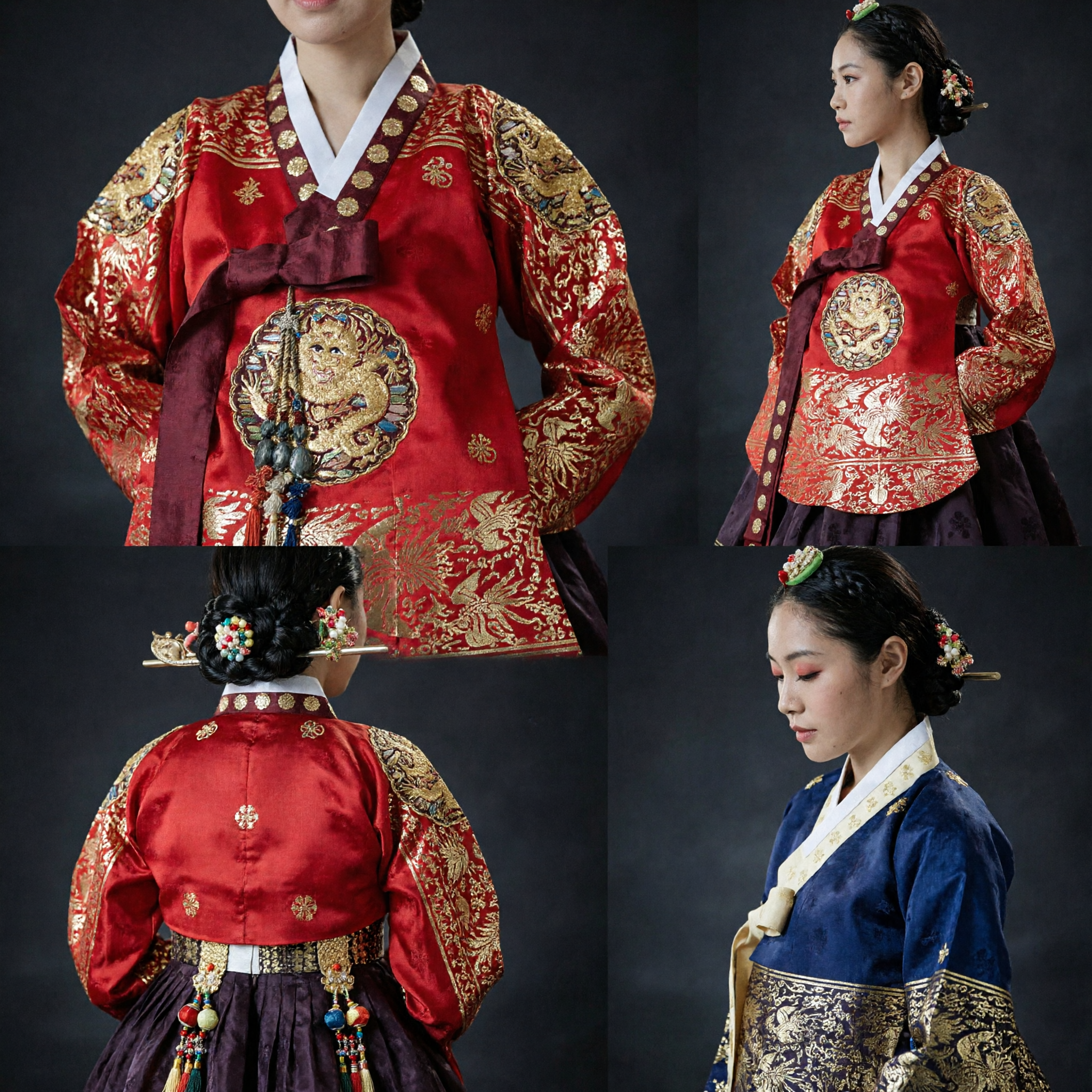 伝統的韓国王室風ハンボク衣装 女性用 赤と紫の金刺繍入り結婚式衣装 - Asian Costume