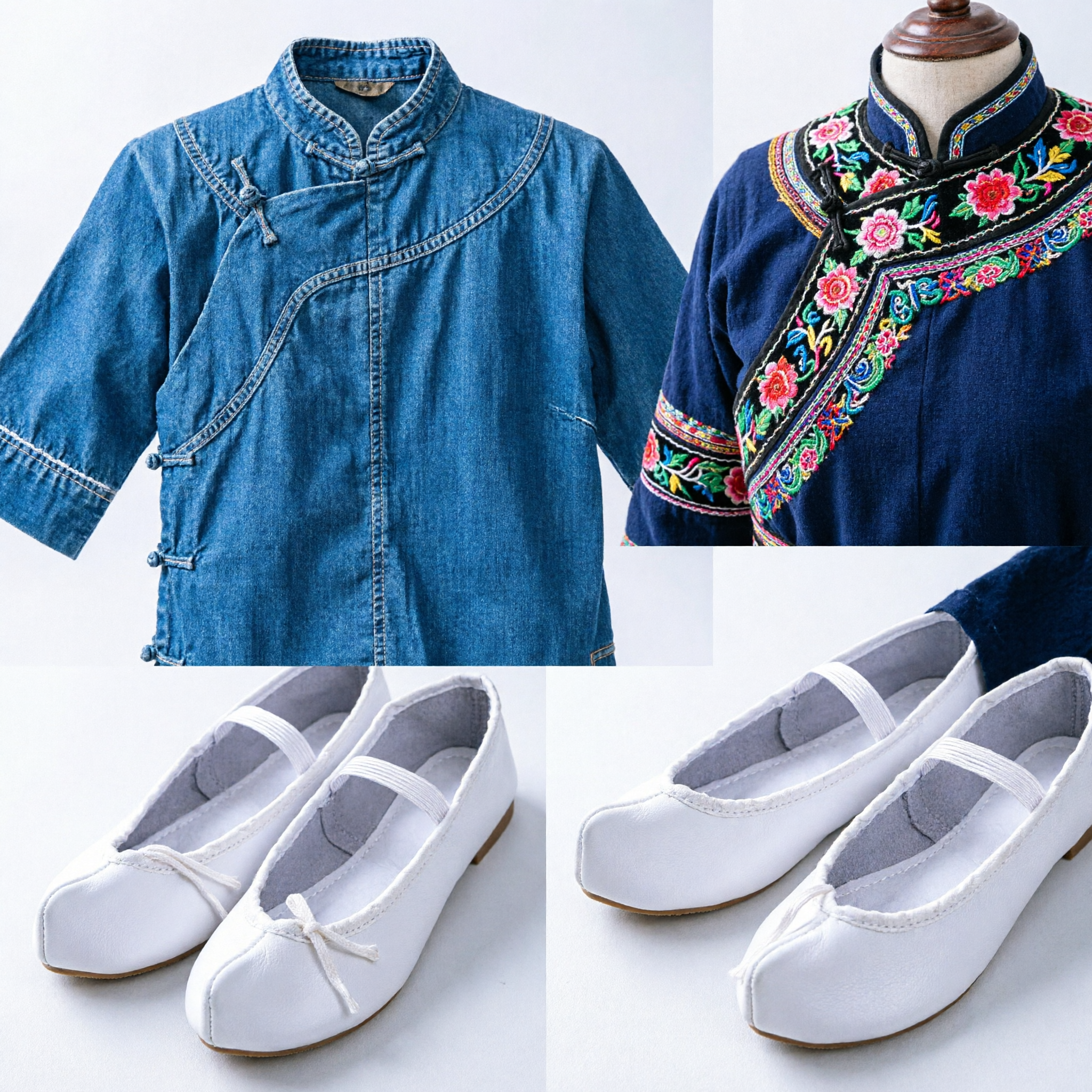 伝統的白い中国功夫靴 太極拳武術布スリッパ 衣装・ダンス用 - Asian Costume