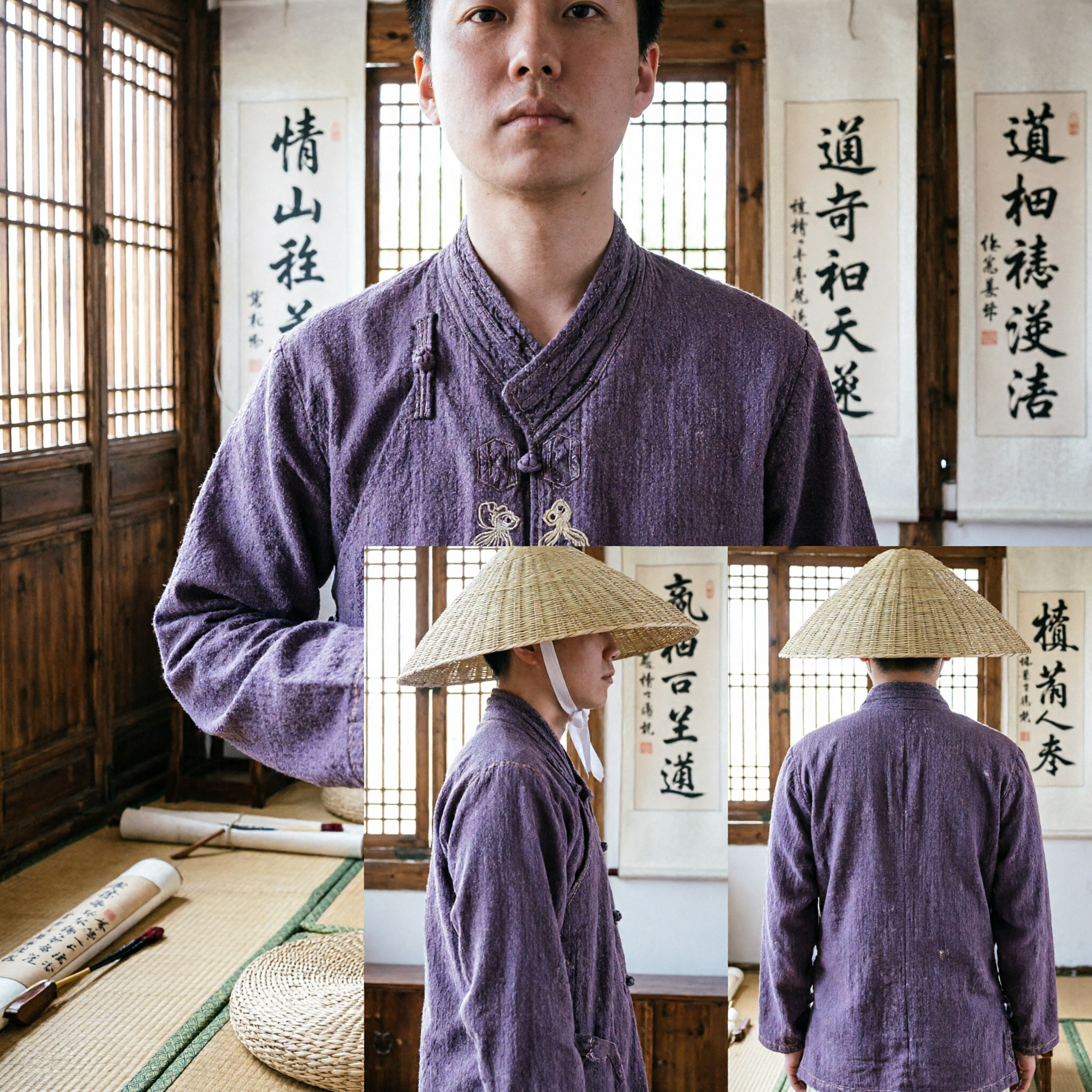 Chapeau de paille conique chinois traditionnel, chapeau de fermier tressé en bambou pour costume d'arts martiaux - Asian Costume