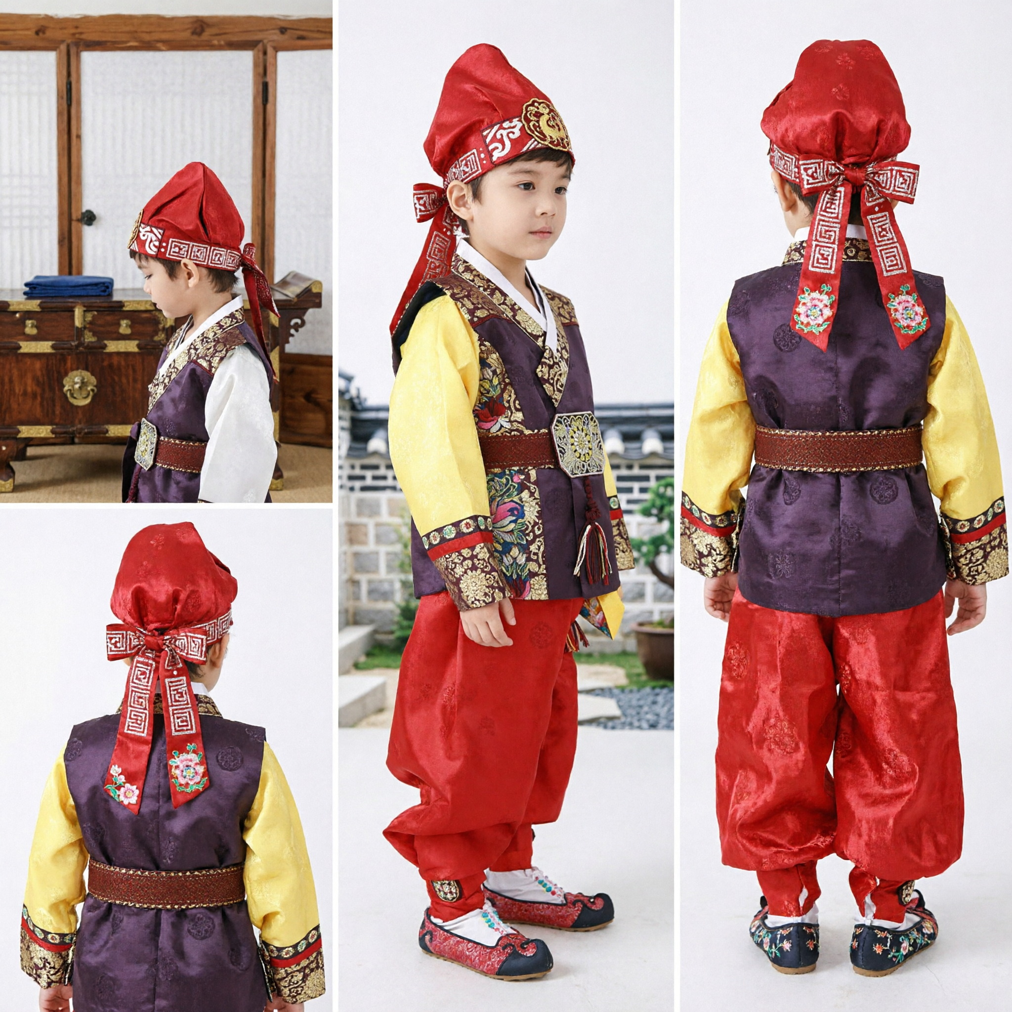 Ensemble costume Hanbok coréen traditionnel pour garçons, gilet brodé, pantalon rouge et chapeau pour Nouvel An lunaire - Asian Costume