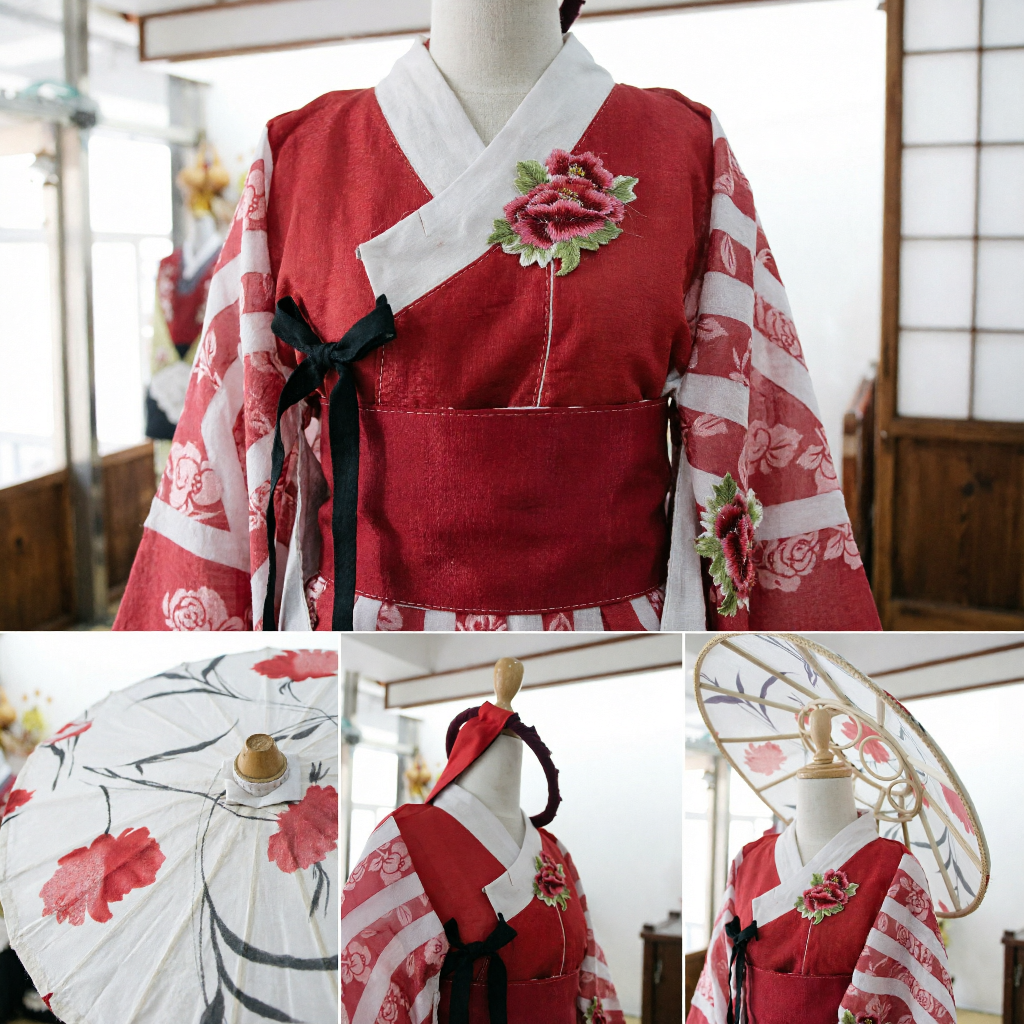 전통 중국식 꽃 문양 유지 우산 대나무 파라솔 한복 액세서리 댄스 웨딩 사진 소품 - Asian Costume