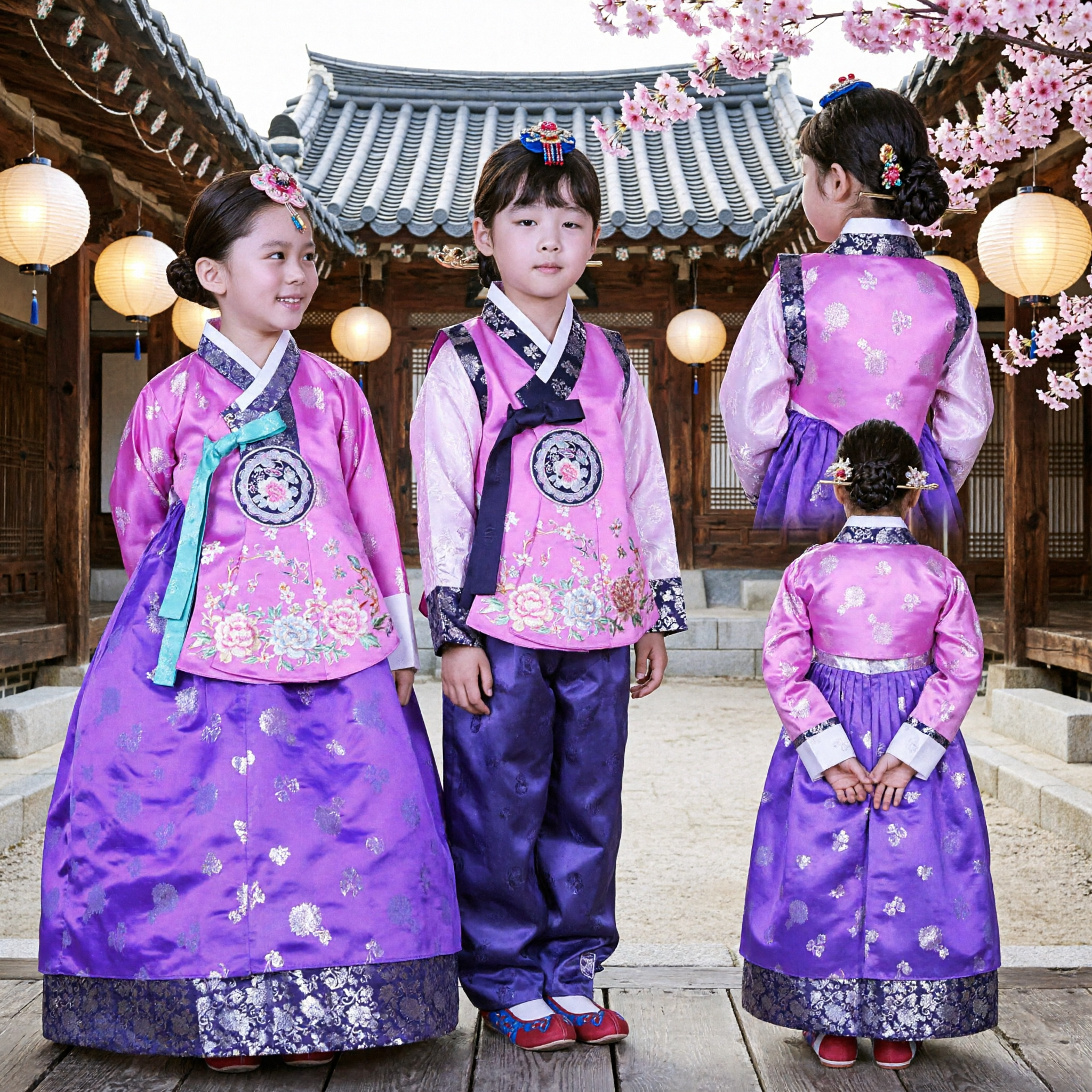 Kinderen traditionele Koreaanse Hanbok set roze paars jongen meisje kostuum voor Lunar Nieuwjaar bruiloft - Asian Costume