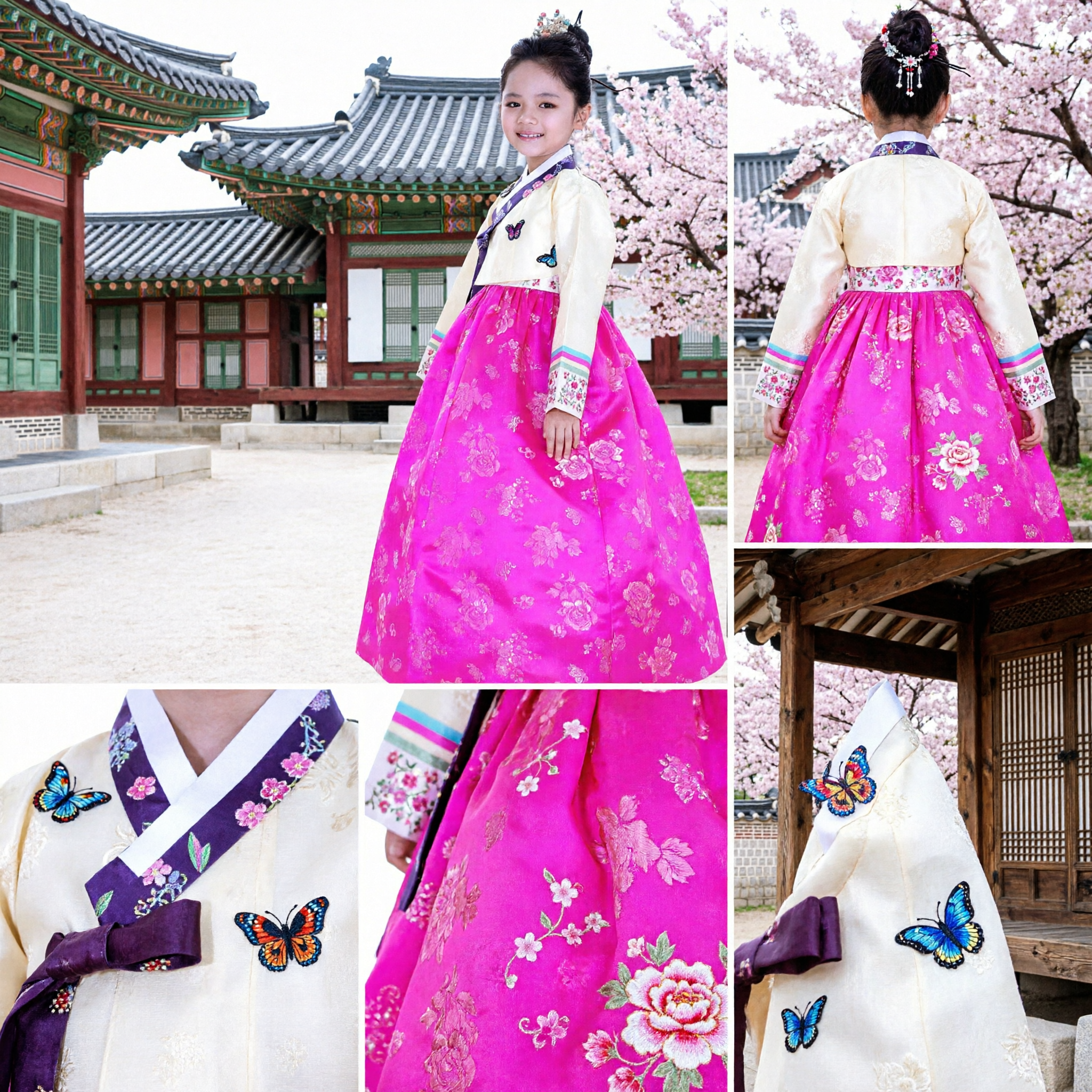 Robe Hanbok coréenne traditionnelle pour filles, jupe rose florale et haut papillon, costume pour enfants pour anniversaire - Asian Costume