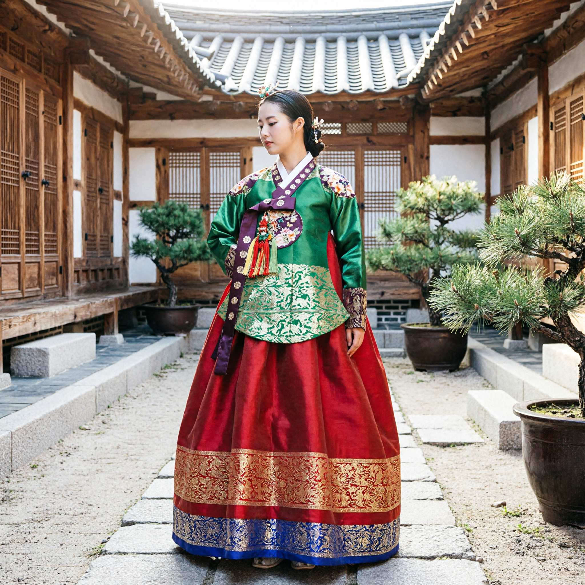 Damski tradycyjny koreański zestaw hanbok, zielony kwiecisty jeogori i czerwona złota chima na śluby i wydarzenia formalne - Asian Costume