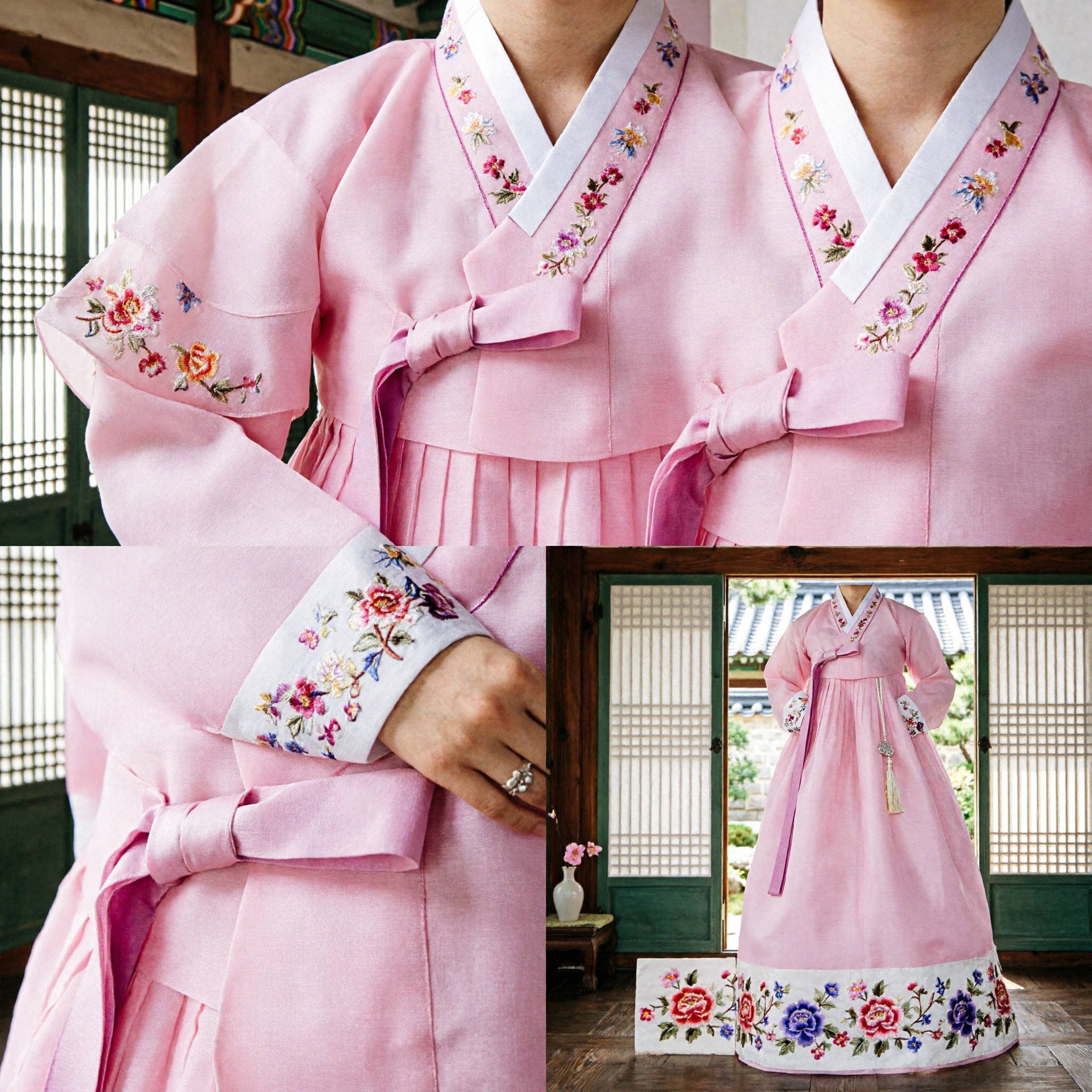 Robe traditionnelle coréenne Hanbok rose élégante avec broderie florale et chapeau pour femmes - Mariage - Asian Costume