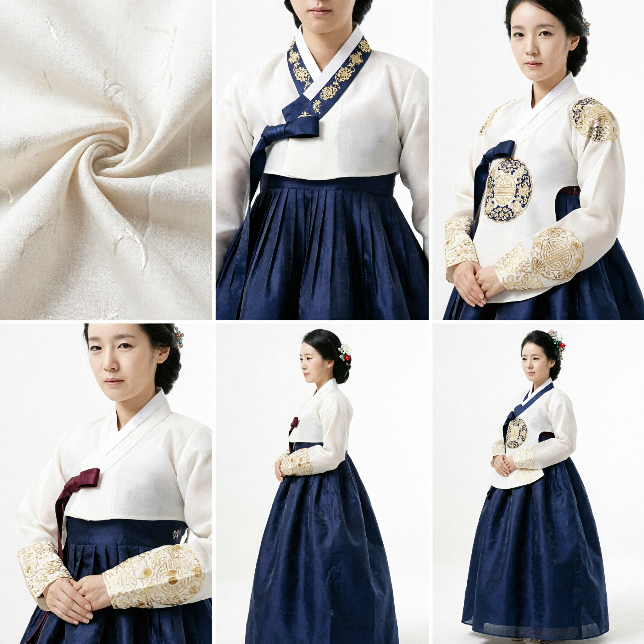Traditionele Koreaanse Hanbok voor Vrouwen Witte Kant Jeogori en Marineblauwe Chima Formele Bruiloftsjurk - Asian Costume