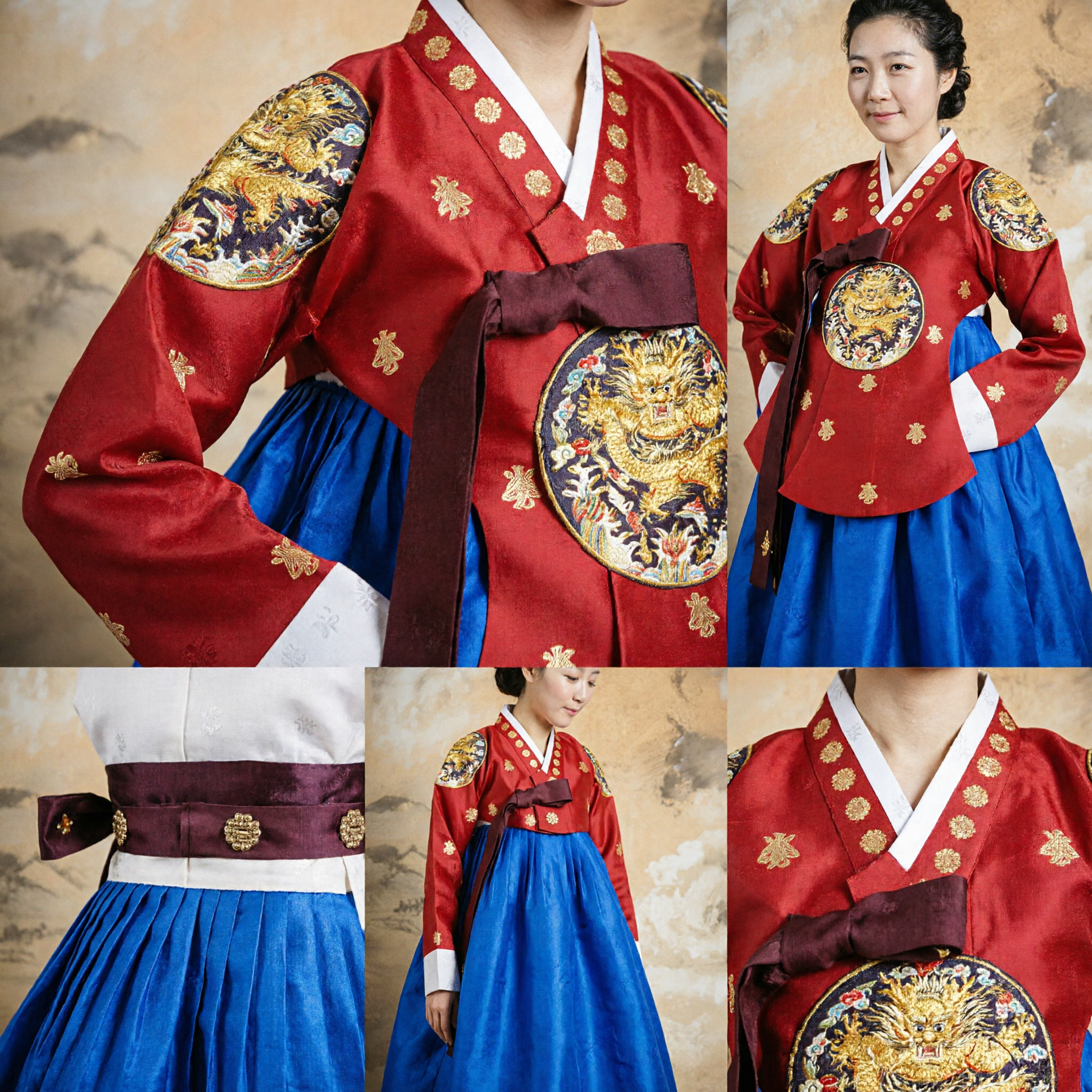 Vrouwen Traditionele Koreaanse Hanbok Rode en Blauwe Zijden Jurk met Goudborduurwerk voor Bruiloftsceremonies - Asian Costume