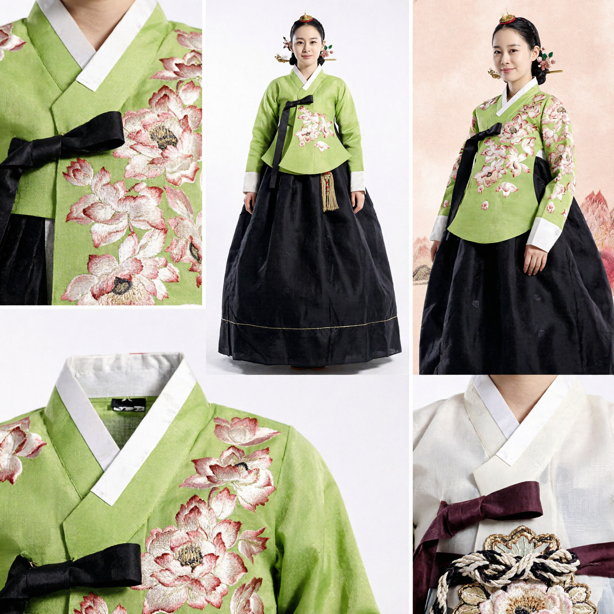 Ensemble de robe Hanbok traditionnelle coréenne élégante, jeogori brodé floral vert pour femmes, occasions formelles - Asian Costume