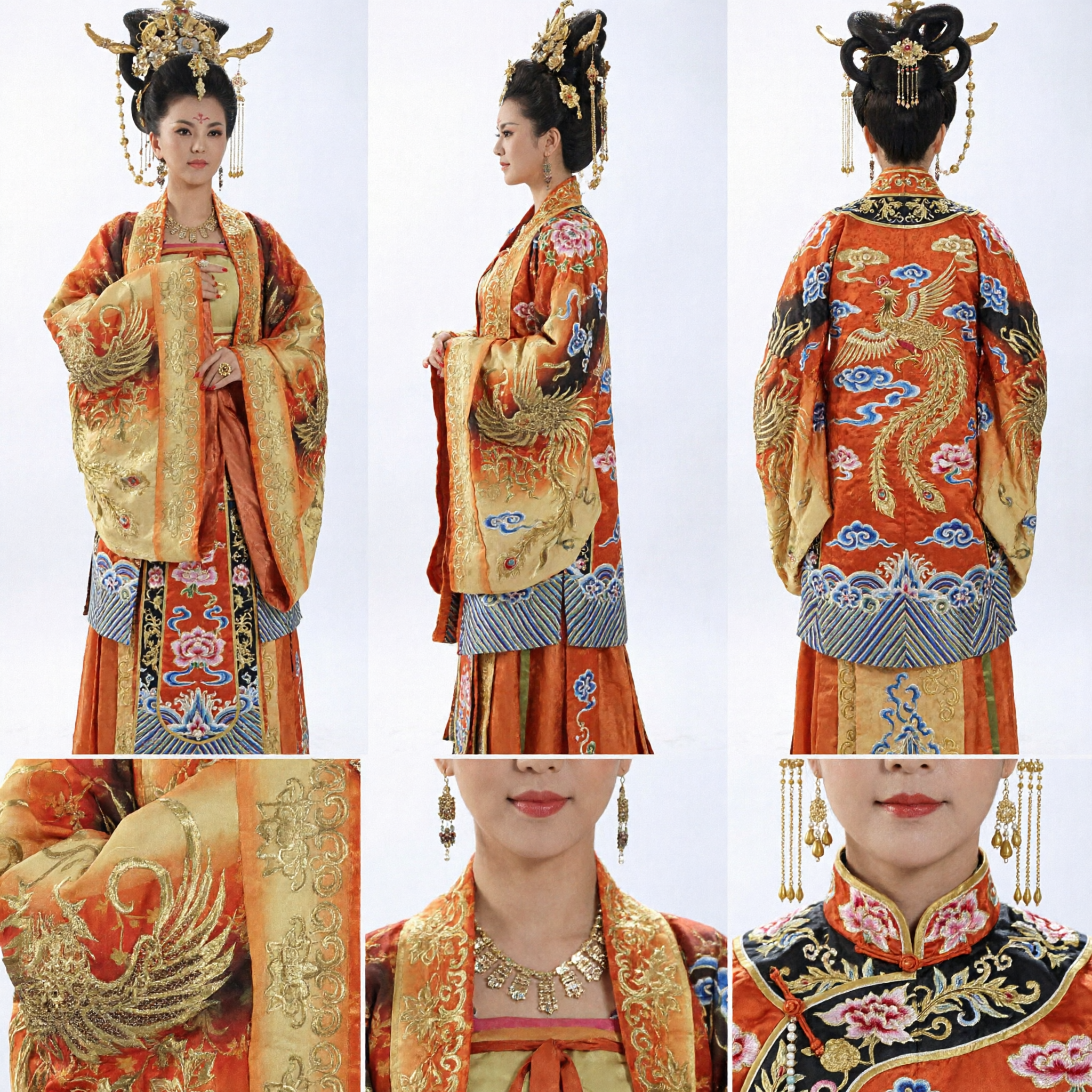 Antikes chinesisches Tang-Dynastie Palastdamen-Kostüm Orange Gold Phönix-Stickerei Hanfu-Kleid für Damen-Auftritte - Asian Costume
