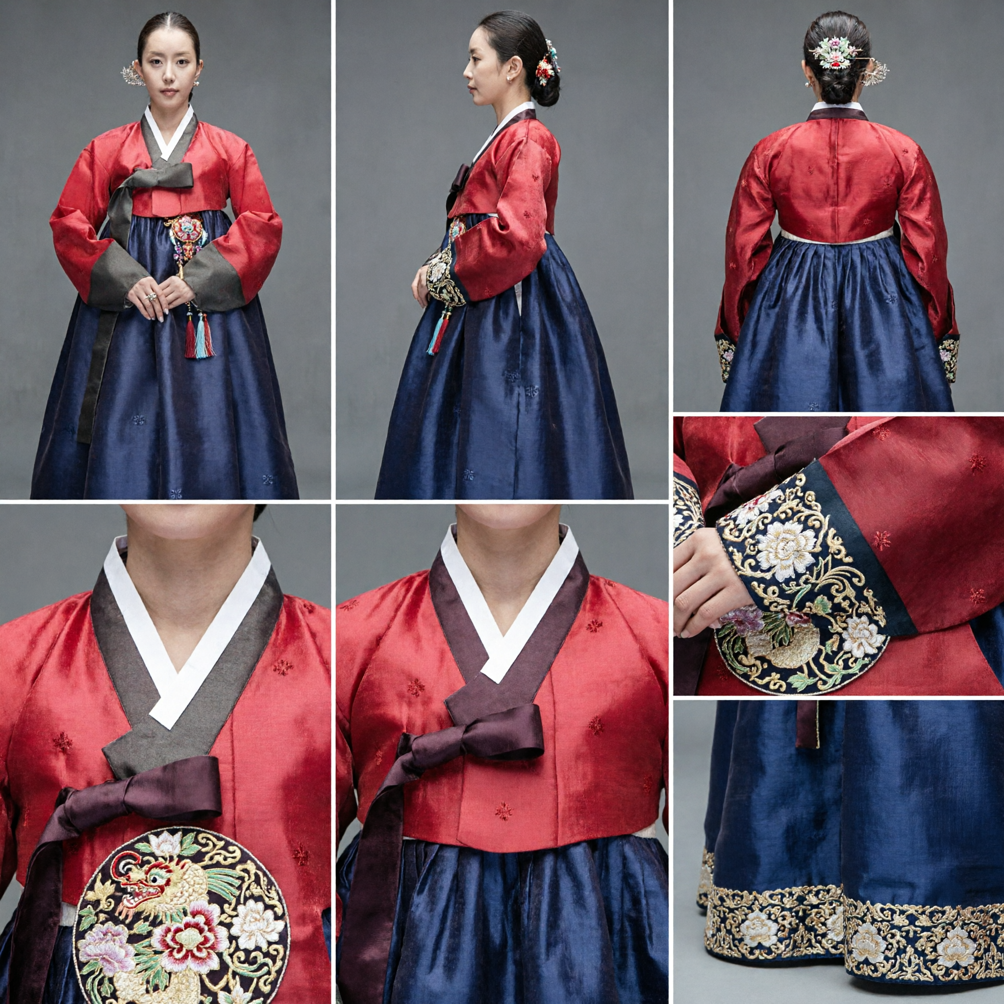 Ensemble de robe traditionnelle coréenne Hanbok élégante rouge et marine pour femmes, mariage et événements formels - Asian Costume