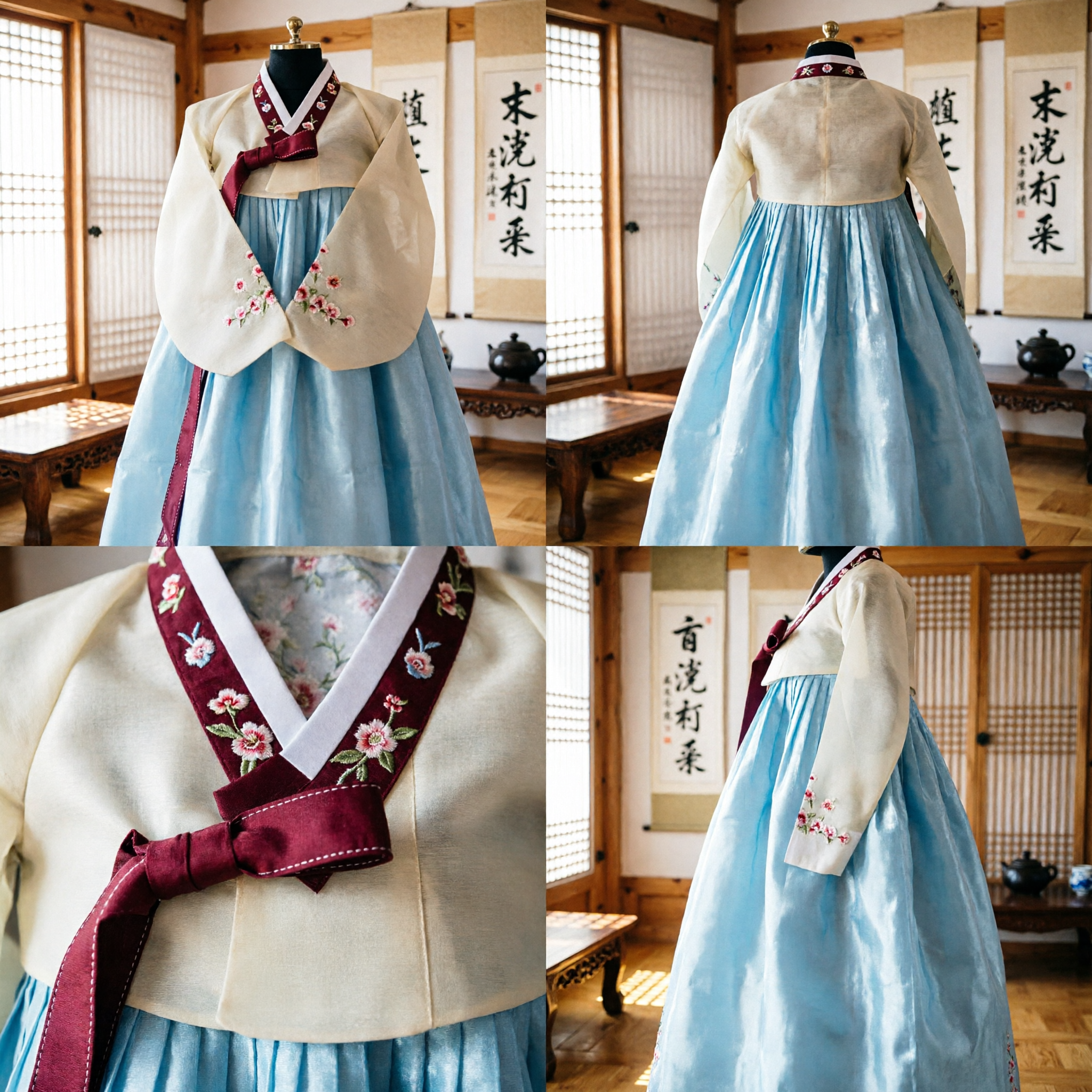 Vestido Hanbok Coreano Tradicional para Mujer, Falda Azul Claro y Top Blanco con Bordado Floral, para Boda y Fiesta - Asian Costume