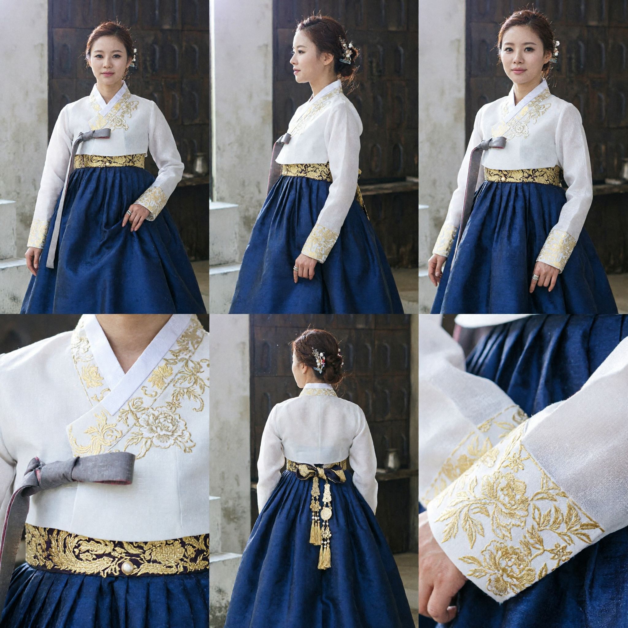 Vestido Tradicional Coreano Hanbok Elegante Branco e Azul Marinho para Mulheres, para Casamento e Festivais - Asian Costume