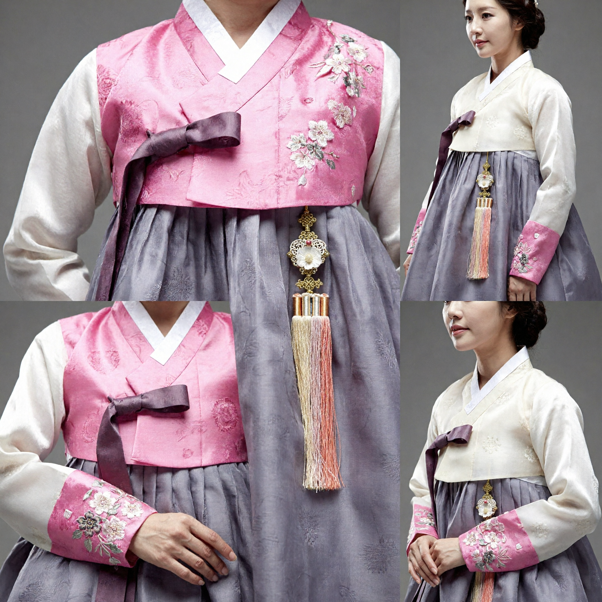 Elegante Traditionele Koreaanse Hanbok Jurk voor Vrouwen Roze Geborduurde Top Grijze Rok Bruiloft Festival Kostuum - Asian Costume