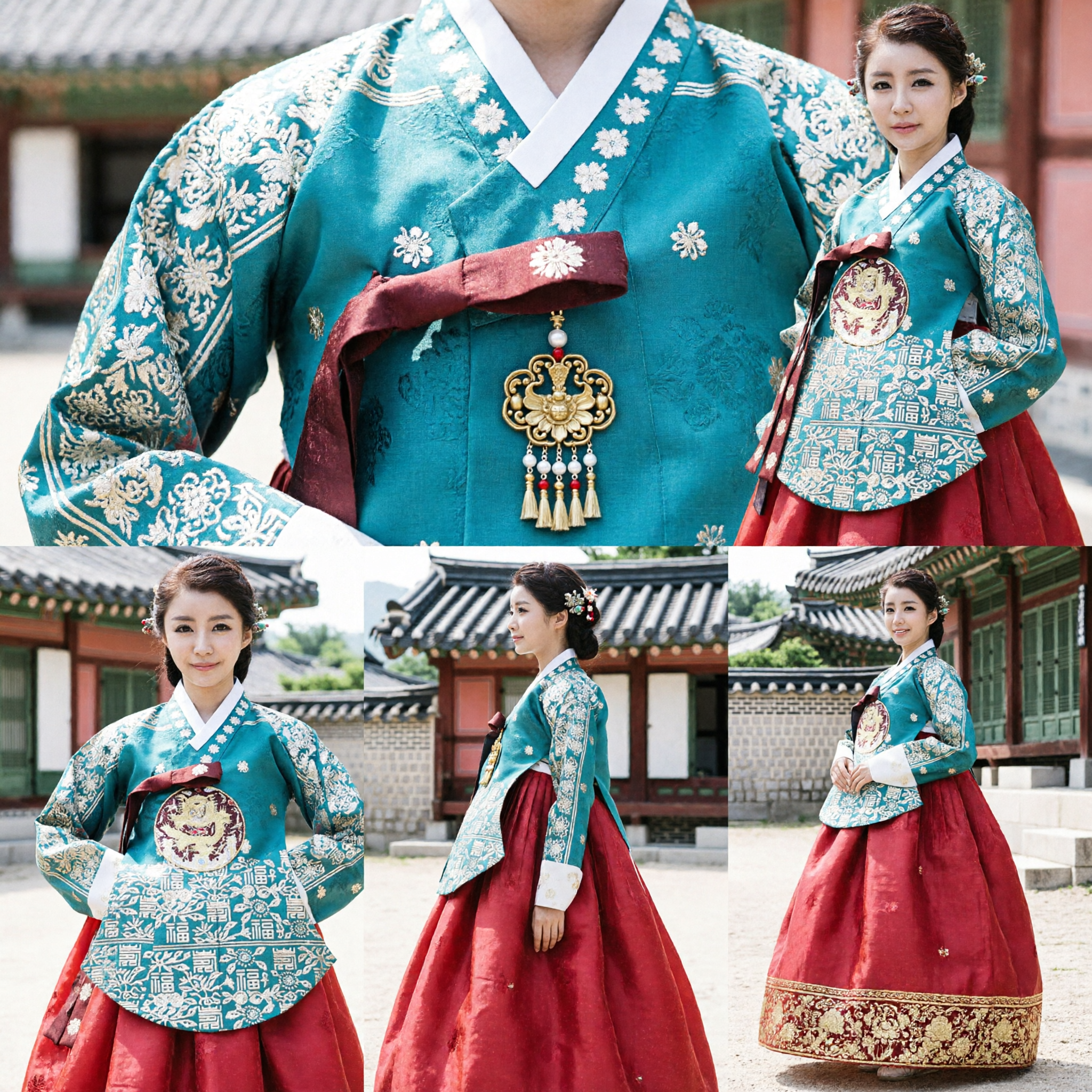 Women's Traditional Korean Hanbok Set Teal Jeogori with Gold Floral Embroidery and Red Chima Skirt - Asian Costume