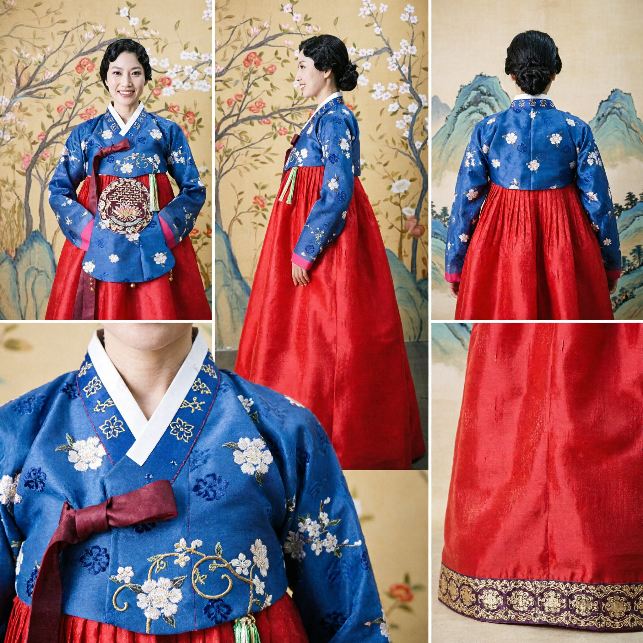 전통 한국 한복 드레스, 여성용 블루 플로럴 저고리와 레드 치마, 웨딩 휴일용 - Asian Costume