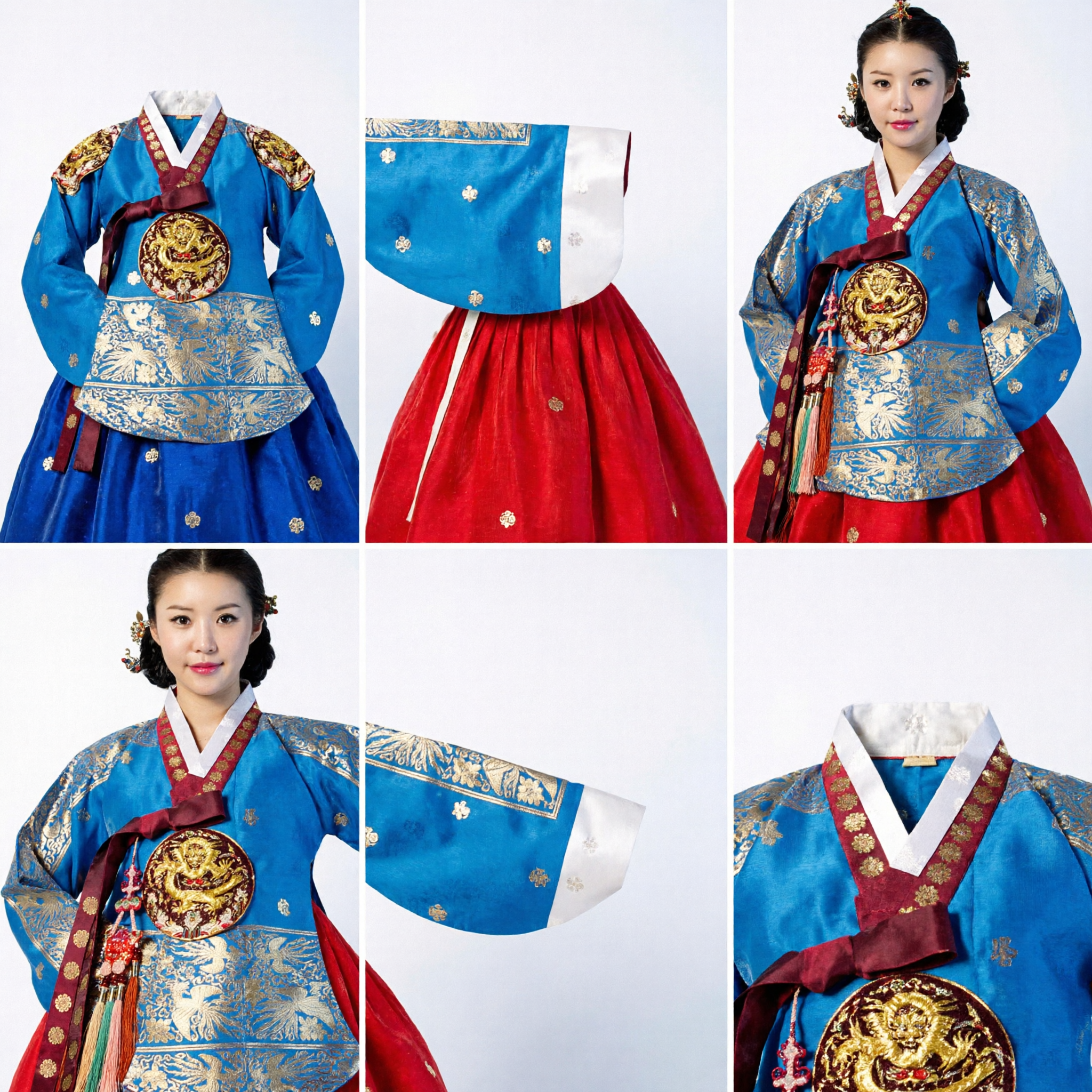 Damski Królewski Niebieski Koreański Hanbok Tradycyjna Suknia ze Złotym Haftem Feniksa na Pałacową Ceremonię Ślubną - Asian Costume