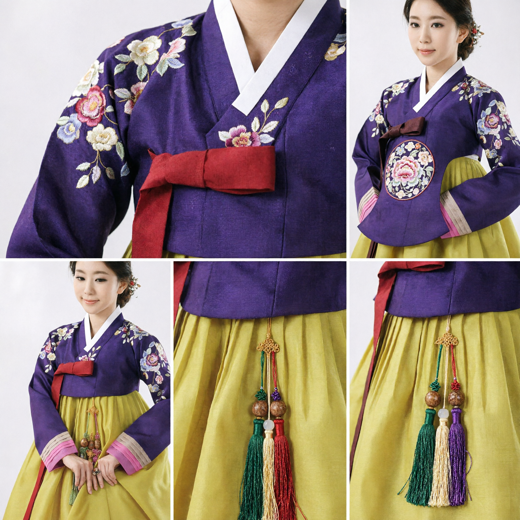Damski Tradycyjny Koreański Zestaw Hanbok, Fioletowy Haftowany Jeogori i Żółta Chima na Specjalne Okazje - Asian Costume