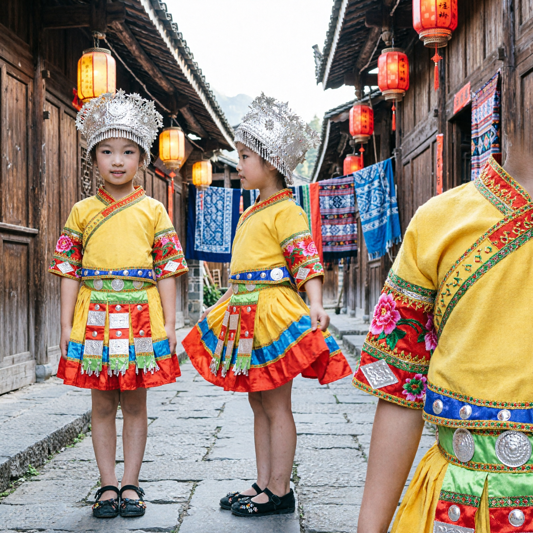 Costume da Danza dell'Etnia Miao Cinese per Bambine, Abito Giallo con Elmo d'Argento, Tenuta da Spettacolo - Asian Costume