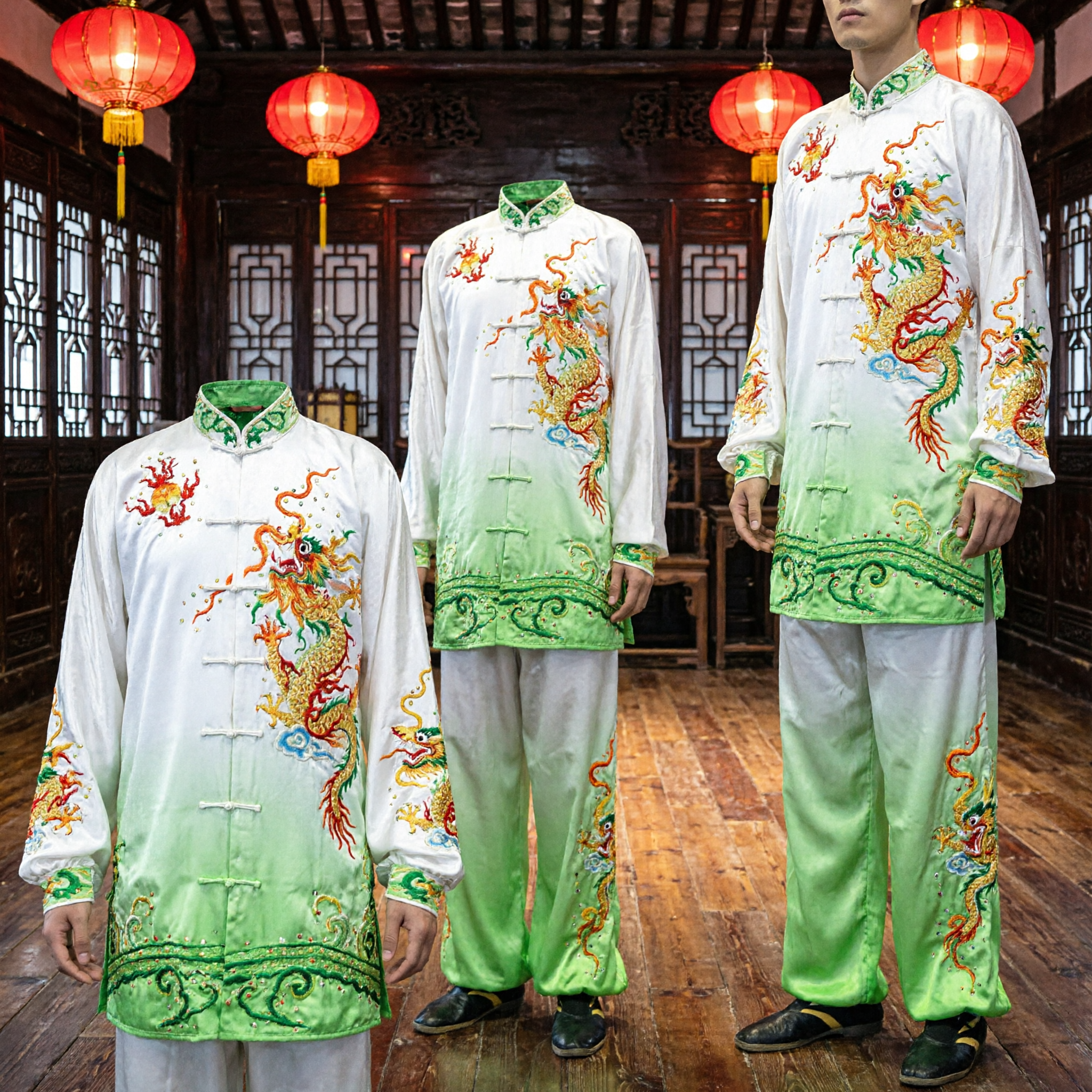 Heren Zijden Wushu-uniform Kung Fu-pak met Drakenborduurwerk voor Tai Chi Wedstrijd en Optreden - Asian Costume