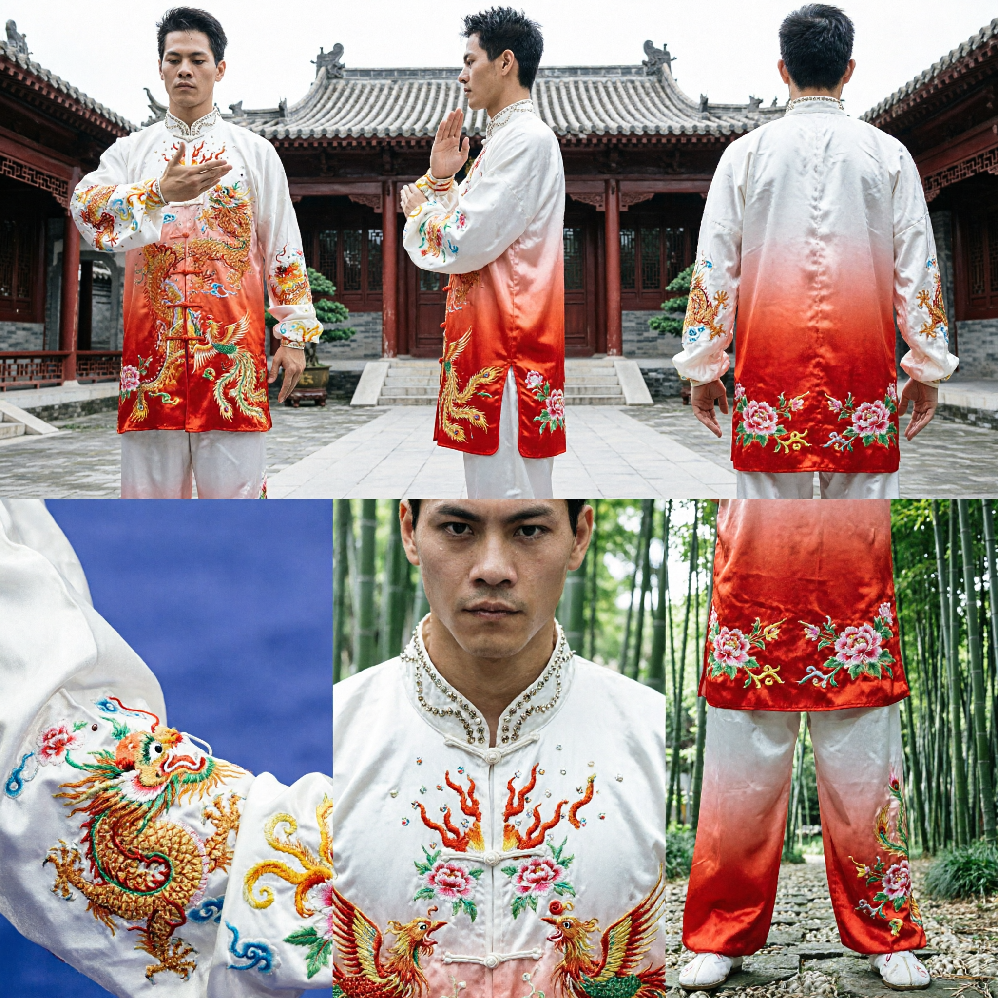 Heren Wit Drakenborduurwerk Kung Fu-uniform Traditioneel Chinese Wushu Tai Chi Wedstrijdkostuum - Asian Costume