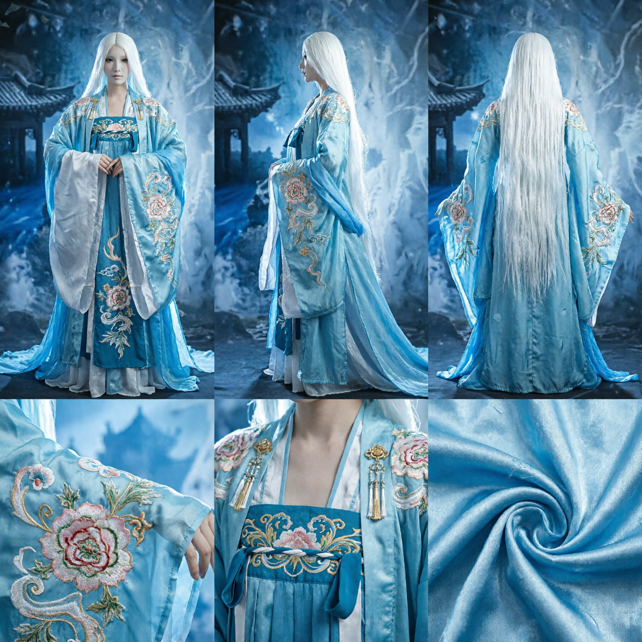 Costume Hanfu chinois éthéré bleu et blanc - Robe de fée Xianxia pour femmes pour cosplay et spectacles - Asian Costume