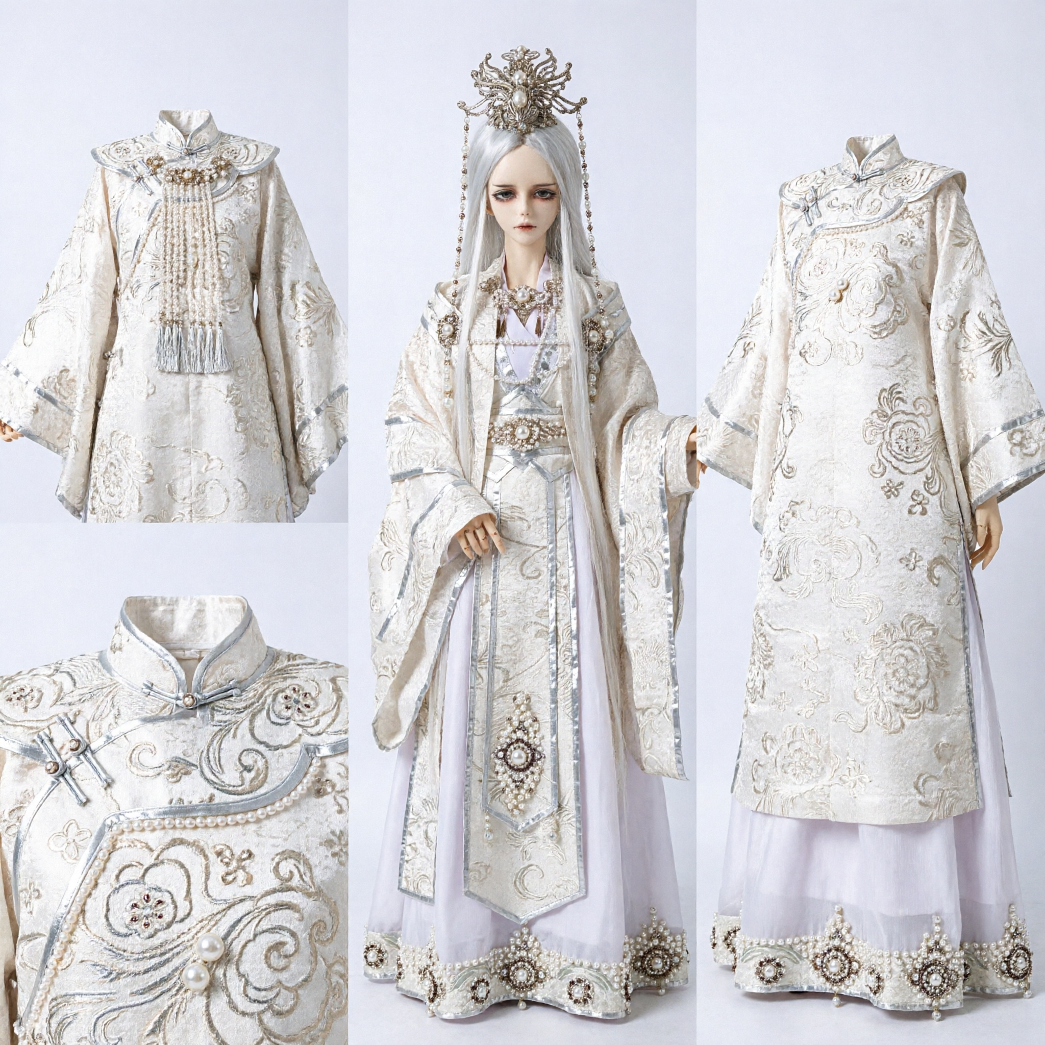 Ensemble de costume Hanfu brodé blanc argenté exquis avec couronne pour poupée BJD - Style de fée traditionnel - Asian Costume