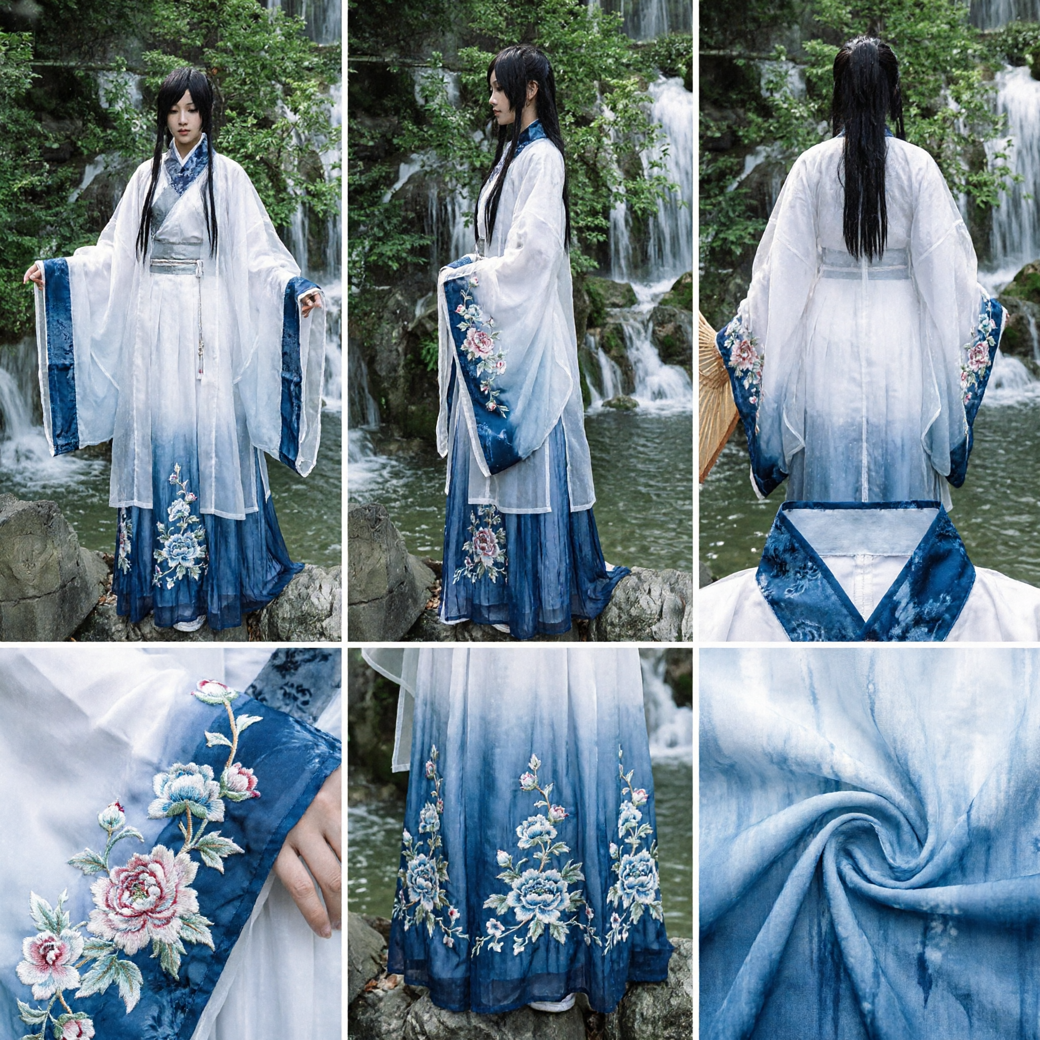 Tradycyjny Chiński Strój Hanfu, Biało-Niebieska Gradientowa Starożytna Suknia Wuxia Wróżki do Cosplayu dla Kobiet z Parasolką - Asian Costume