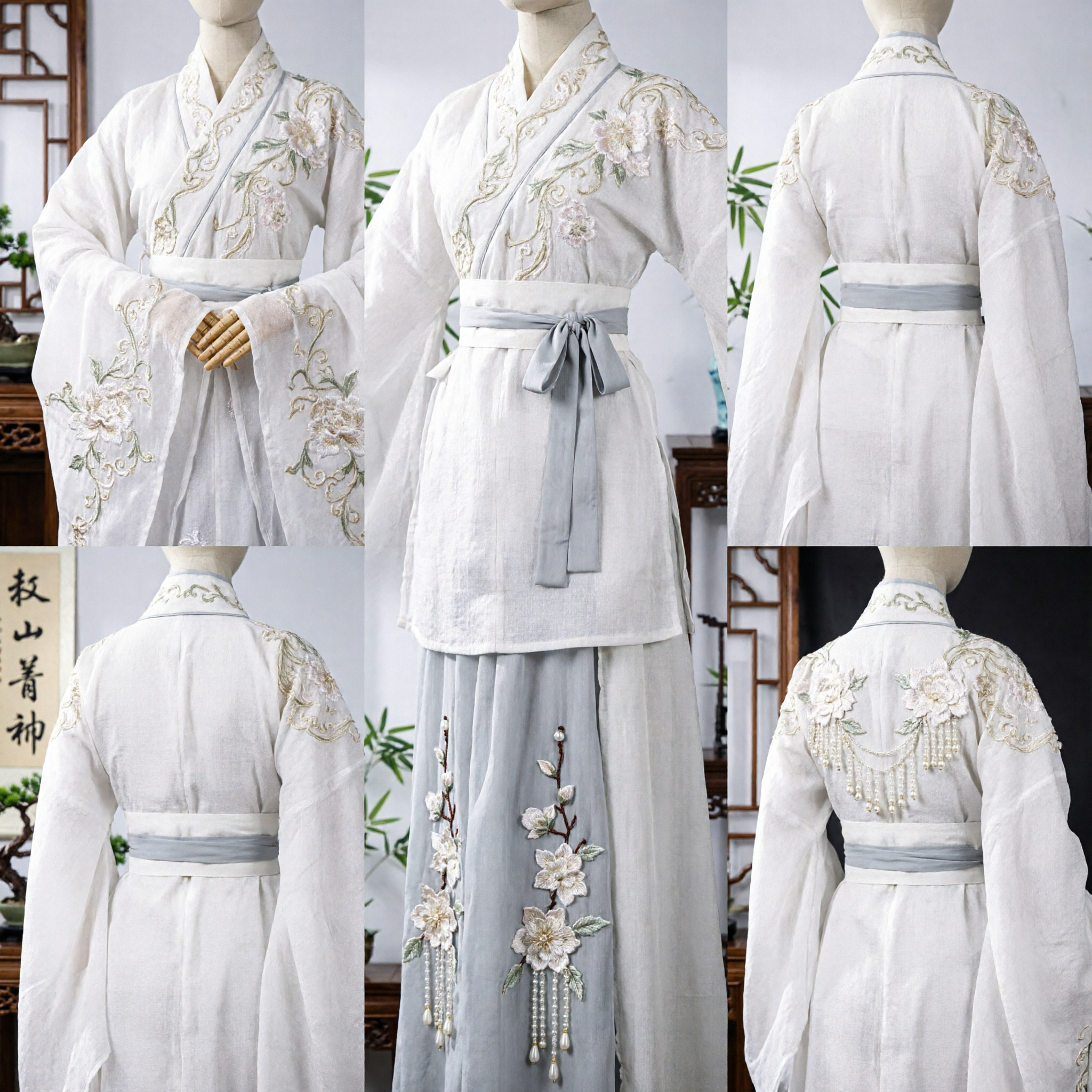 남성 흰색 고대 중국 한푸 전통 의상 선비 로브 털 칼라 코스프레 공연용 - Asian Costume