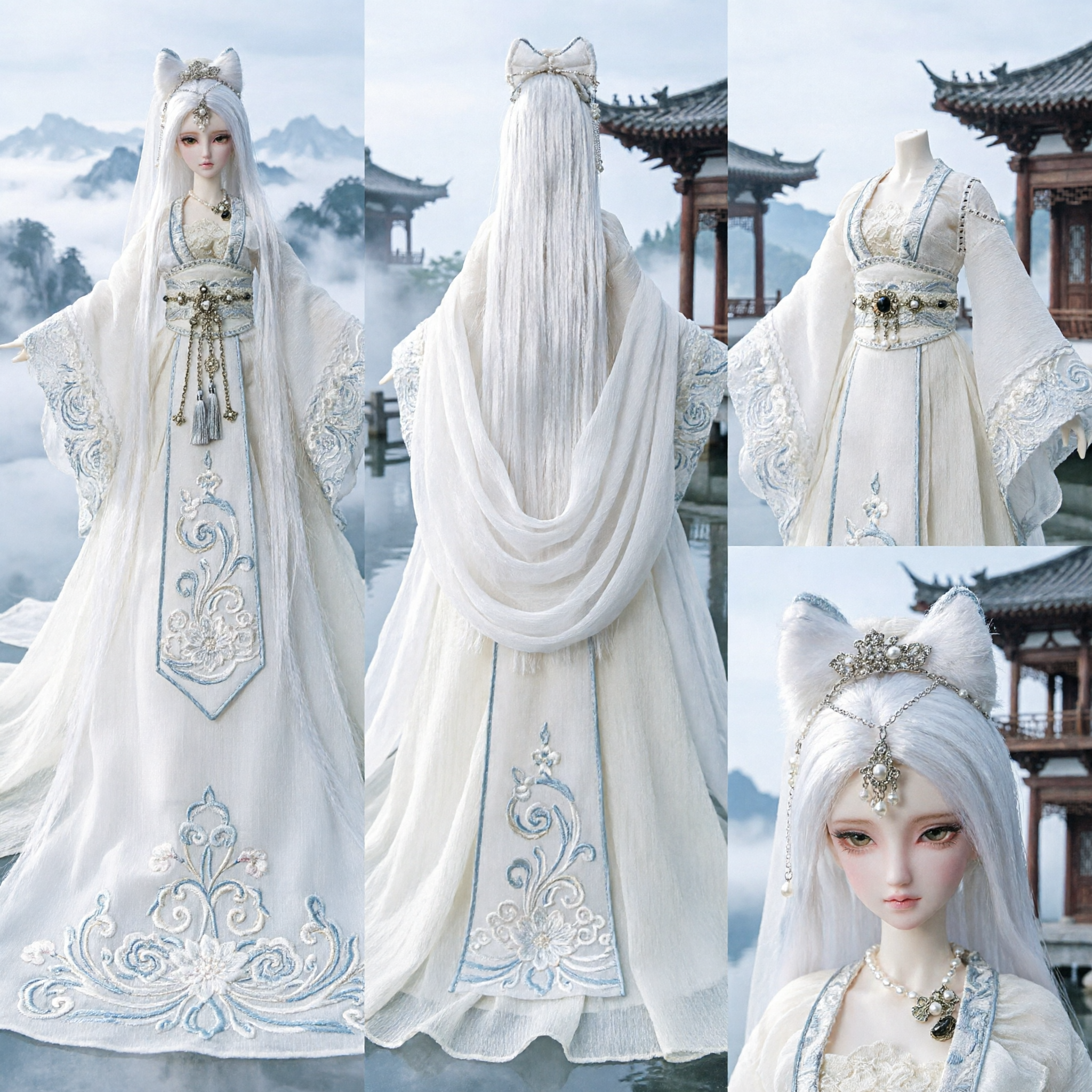 Elegante Costume Hanfu Spirito della Volpe Bianca per Bambola BJD Abito Fantastico Antico Cinese Tradizionale per Esposizione - Asian Costume