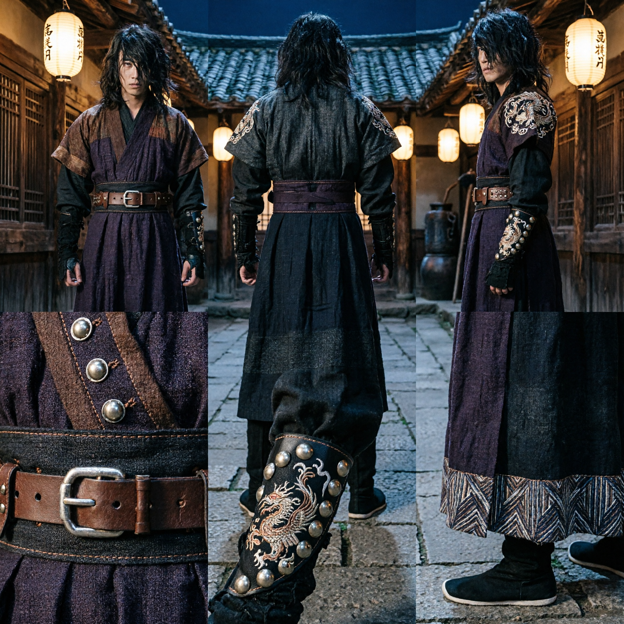 Costume da Spadaccino Wuxia Cinese Antico per Uomini Outfit da Guerriero Oscuro per Cosplay Halloween e Spettacoli - Asian Costume