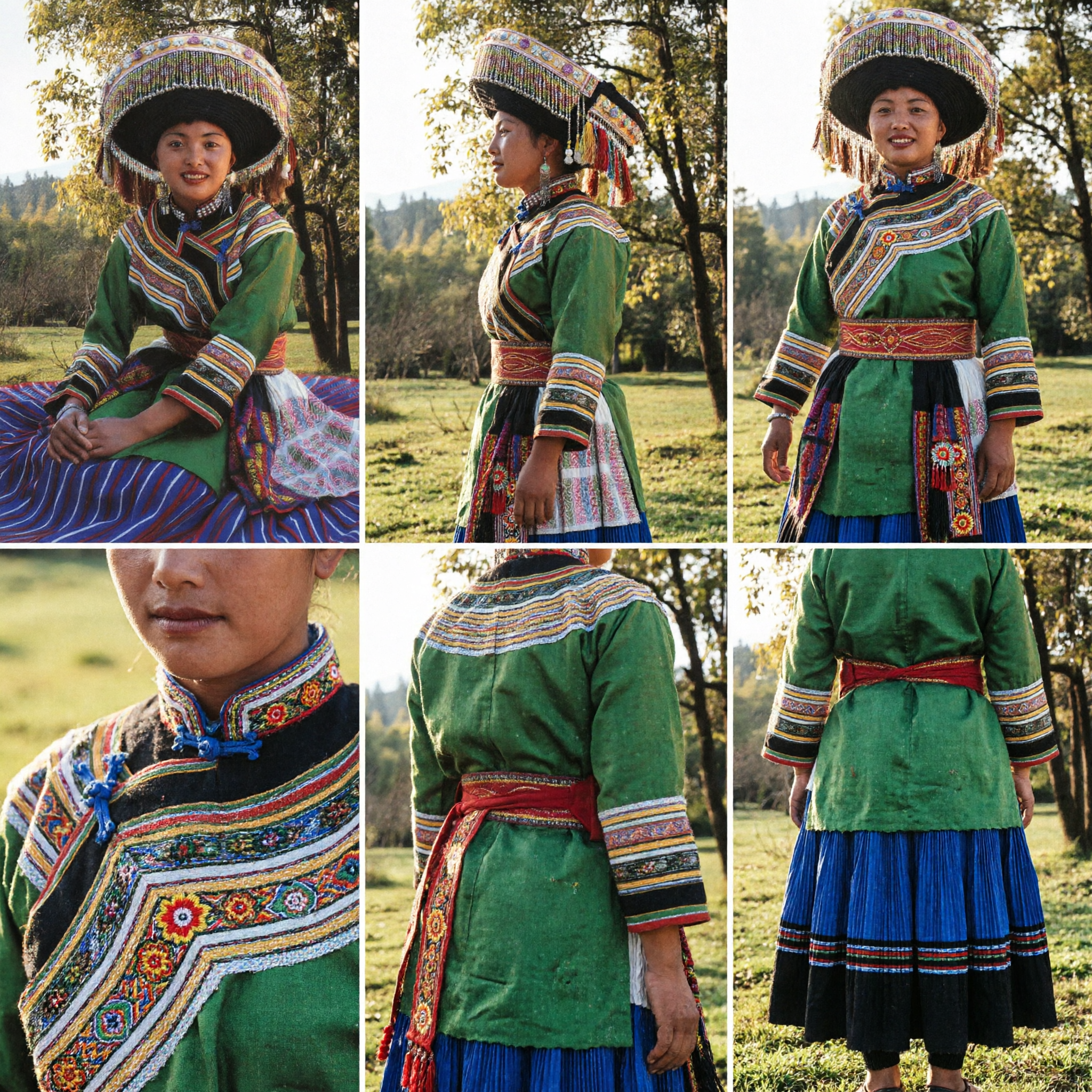 Traditionelles chinesisches ethnisches Minderheiten-Kostüm grünes besticktes Kleid und perlenbesetzter Hut für Frauen Volkstanzauftritt - Asian Costume