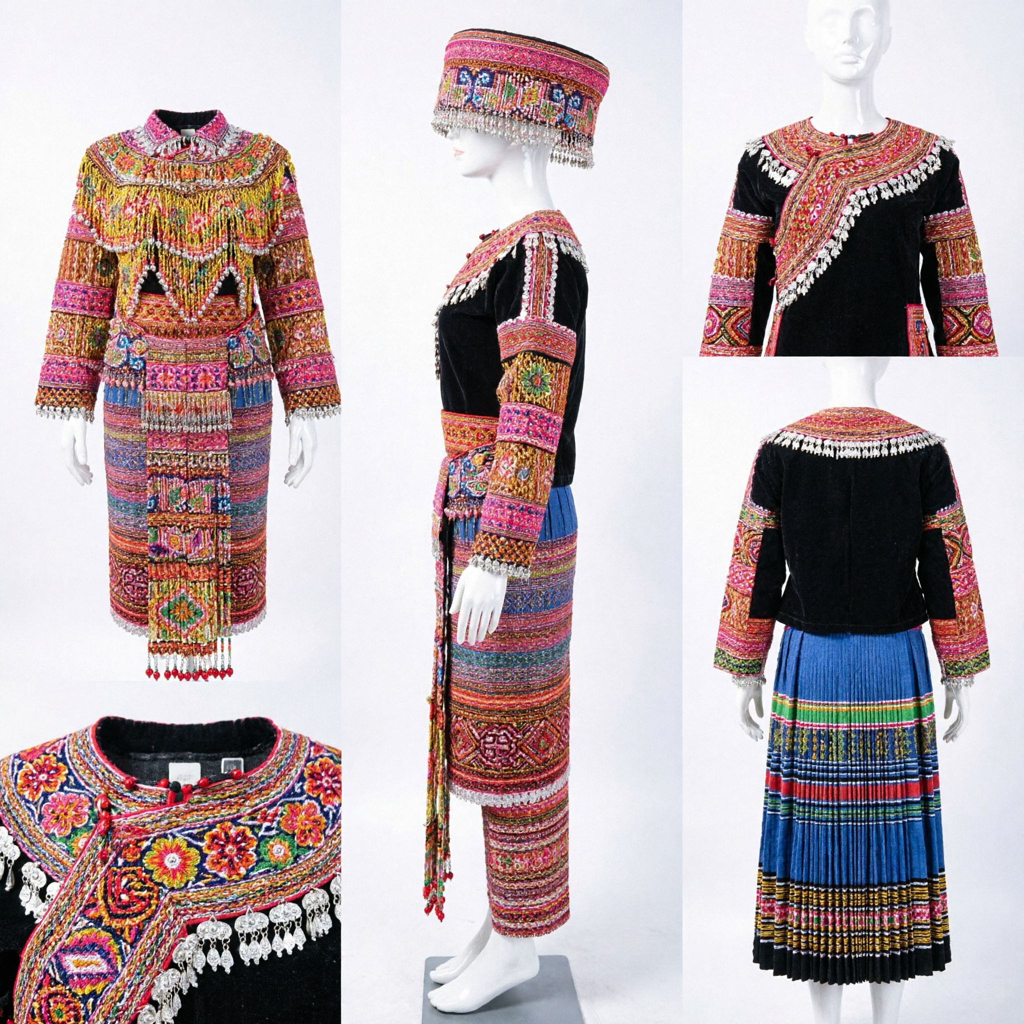 Traditionelles chinesisches Hmong-Miao ethnisches Minderheiten besticktes Kostüm-Set mit Kopfschmuck für Volkstanzauftritt - Asian Costume