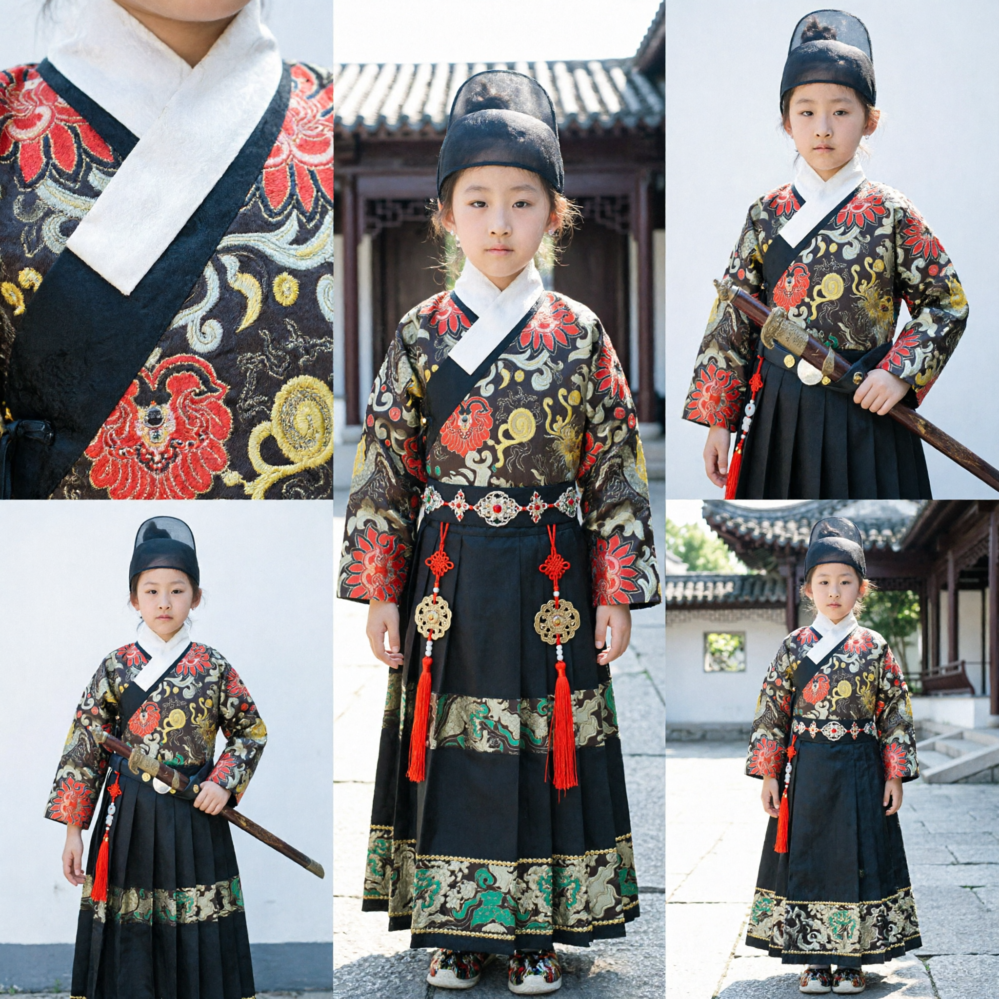 Traje Hanfu Tradicional Chinês para Crianças Robe Preto Bordado da Dinastia Ming com Chapéu e Espada para Performance Infantil - Asian Costume