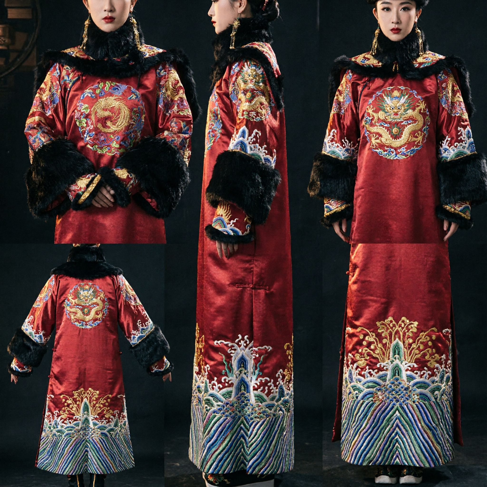 Antiek Chinese Qing-dynastie Keizerin Kostuum Rood Drakengewaad met Bontafwerking Historische Kleding voor Vrouwen - Asian Costume