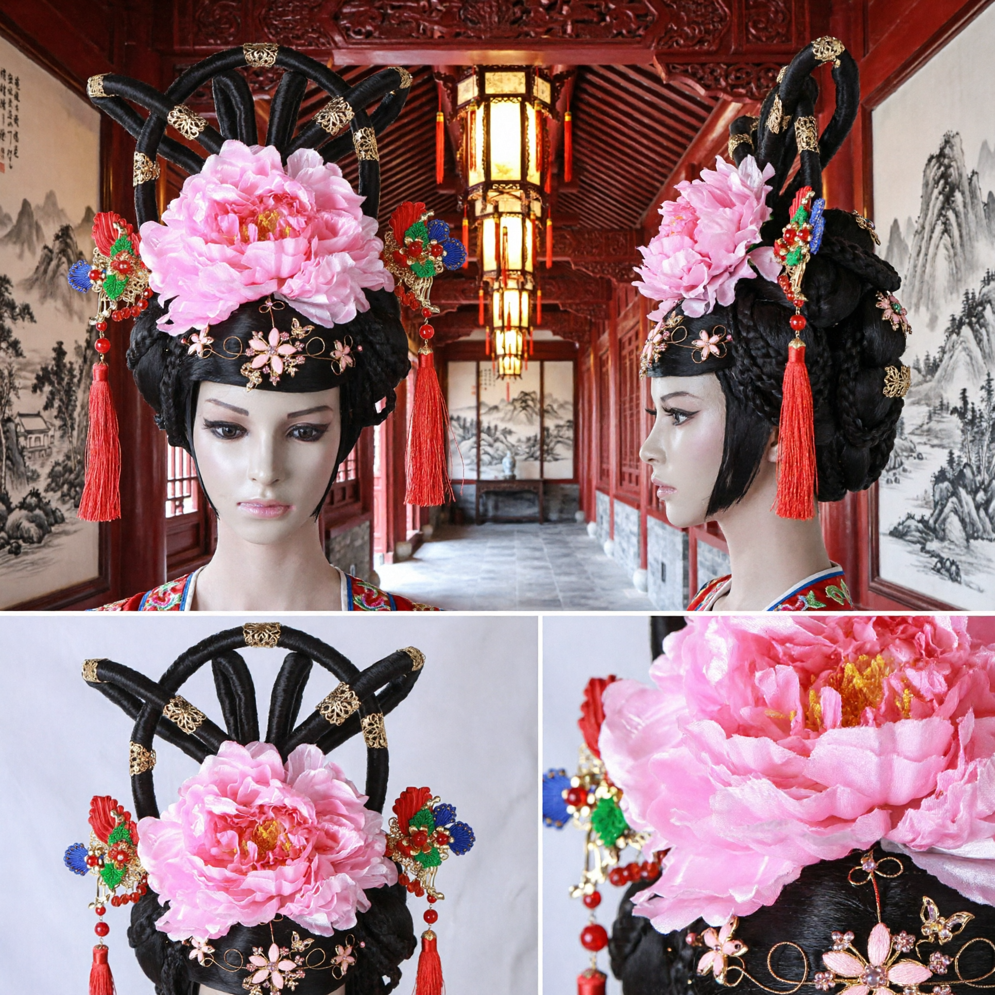 Oud Chinees Tang Dynastie Prinses Pruik Hoofdtooi met Grote Roze Pioen voor Hanfu Cosplay en Podium Optreden - Asian Costume