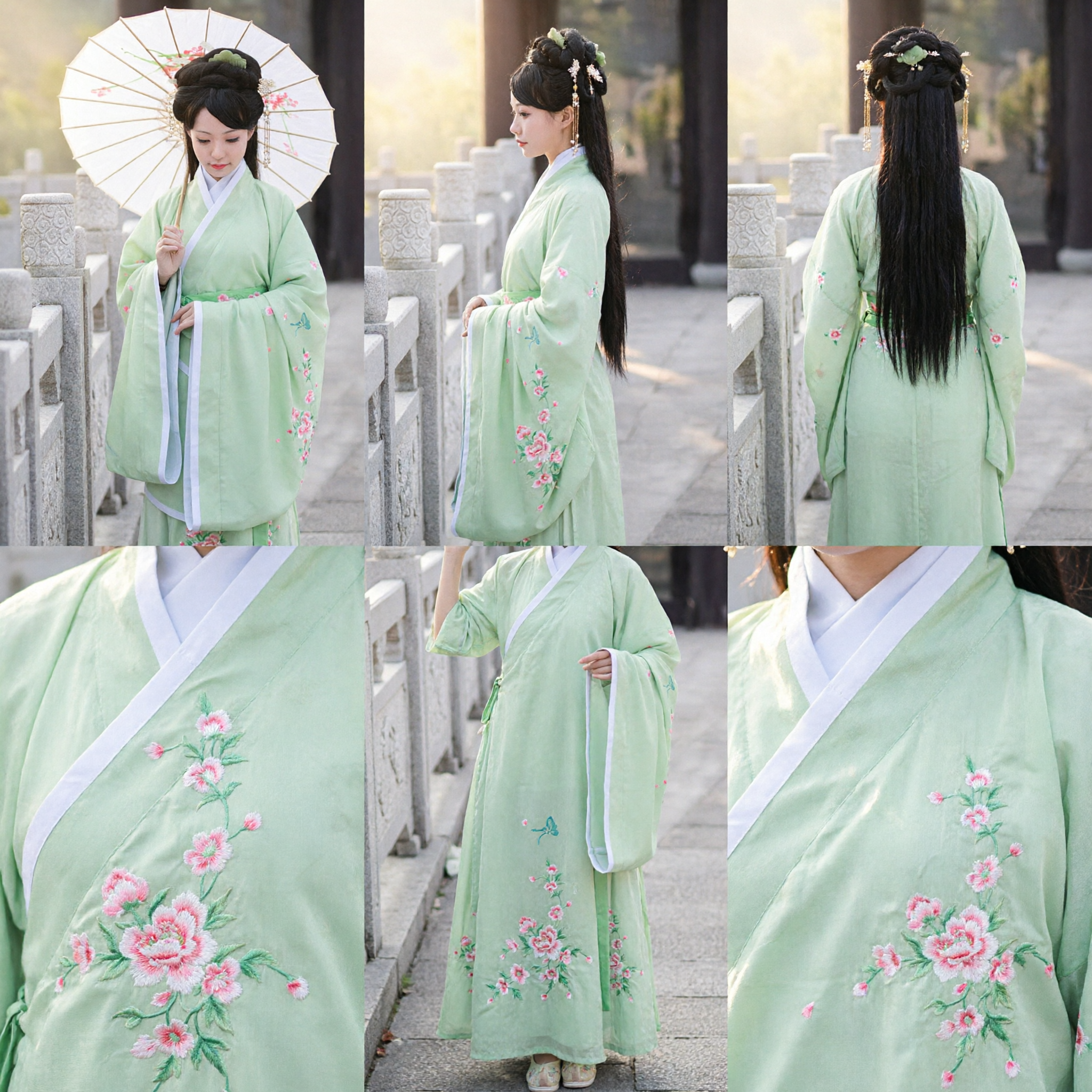 Conjunto Elegante Hanfu Verde Claro, Traje Antigo Tradicional Chinês Ruqun Bordado com Flores para Mulheres - Asian Costume