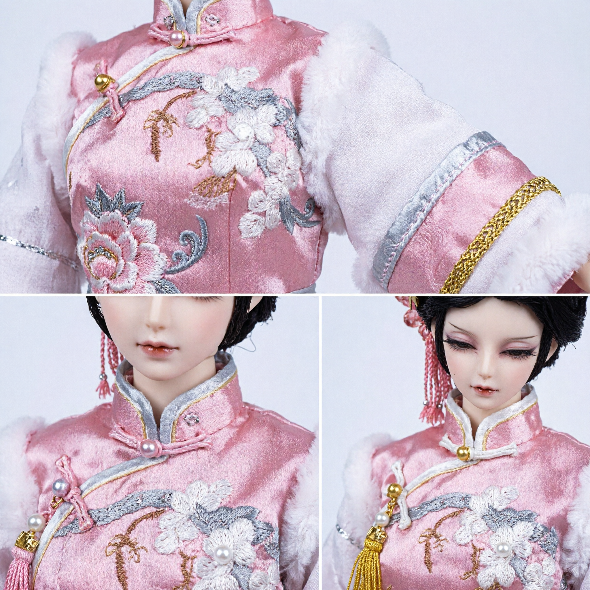 Elegant Pink Hanfu Dress and White Fur Cloak Set for BJD Doll with Ancient Hair Accessories - Asian Costume