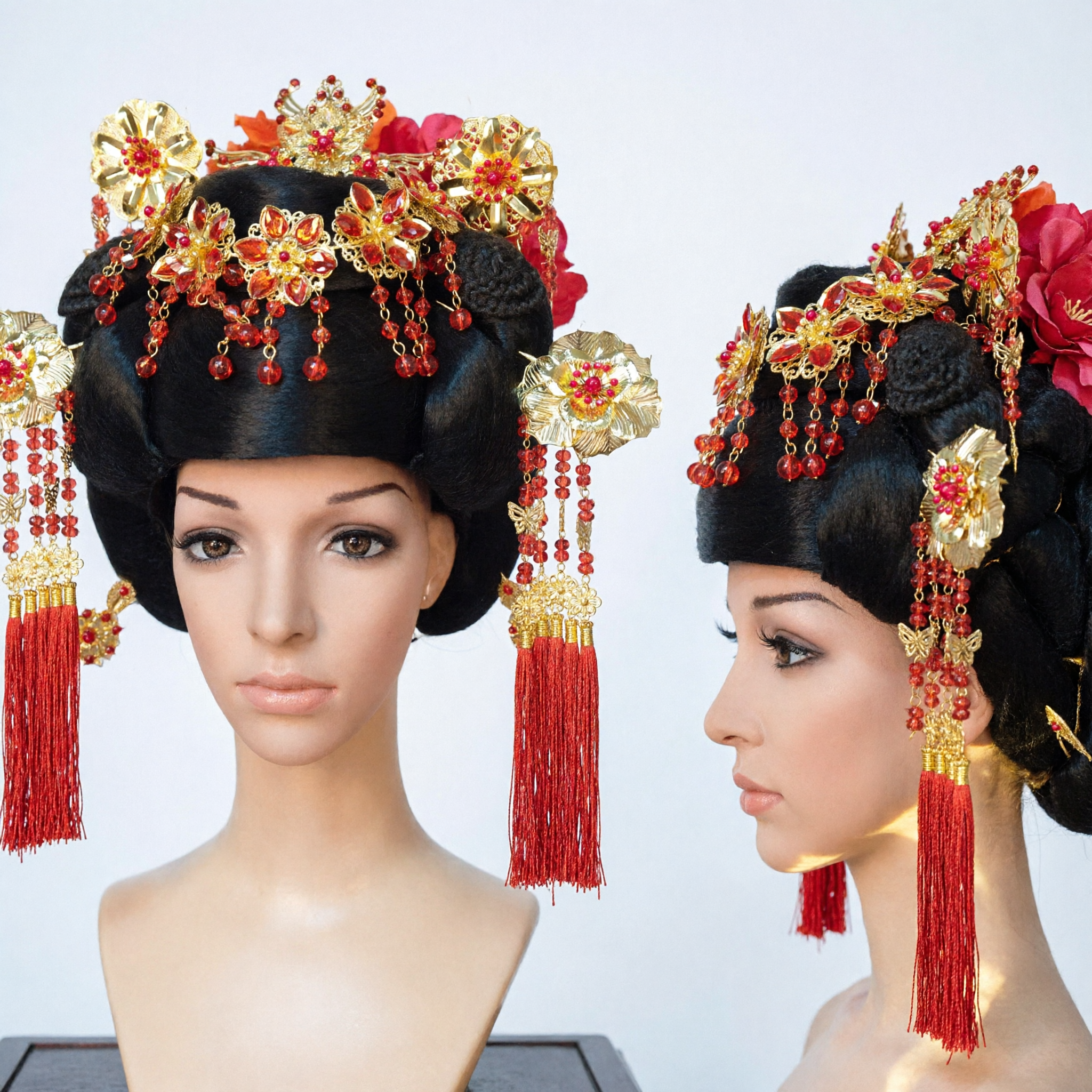 Exquisiet Chinees Traditioneel Haarsieraad Set Oude Stijl Rood Goud Feniks Kroon Hanfu Bruiloft Hoofdtooi voor Vrouwen - Asian Costume
