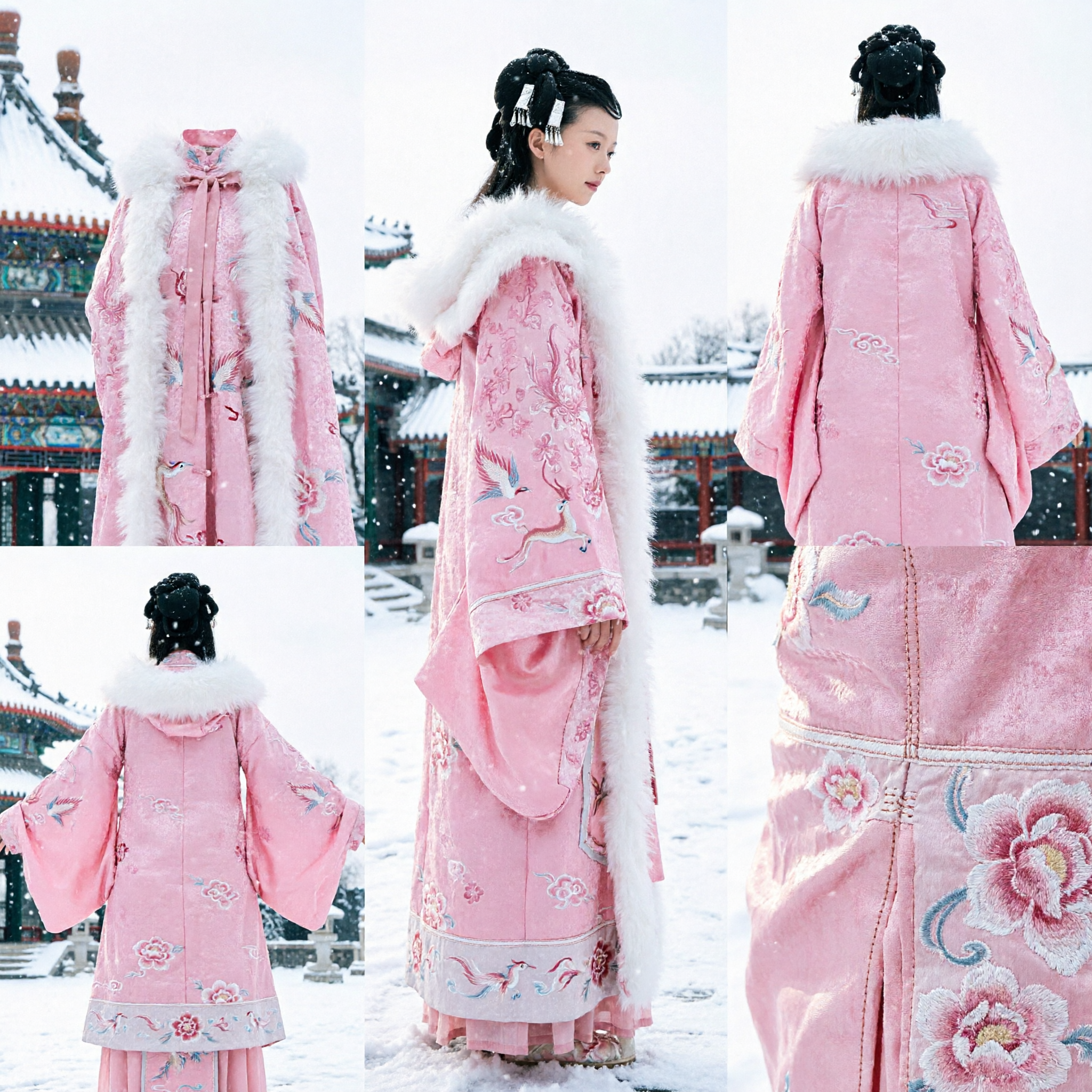 Hanbou d'Hiver Rose Costume Traditionnel Chinois avec Col en Fourrure Blanche Robe Ancienne Brodée pour Femmes - Asian Costume