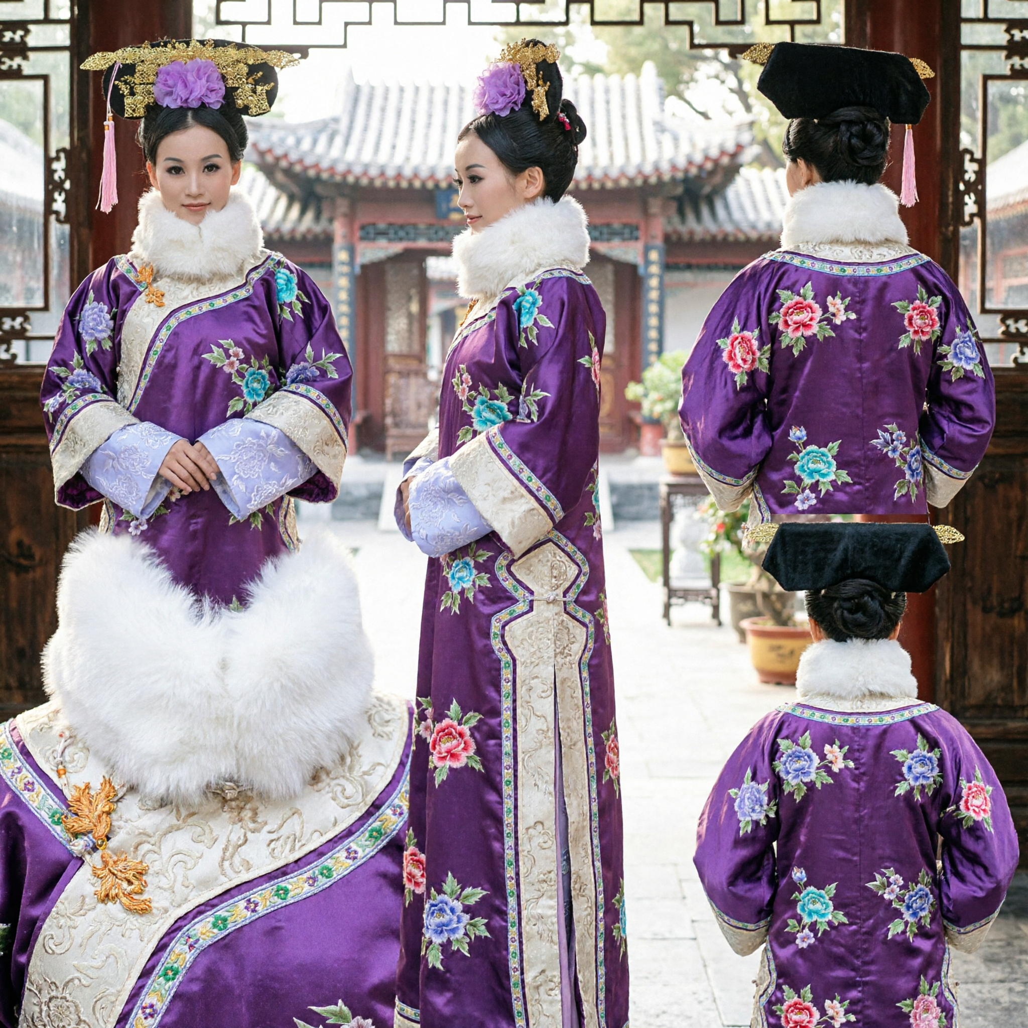 Costume Tradizionale Cinese della Dinastia Qing da Principessa Manciù Veste Ricamata Viola con Colletto in Pelliccia e Copricapo Dorato - Asian Costume