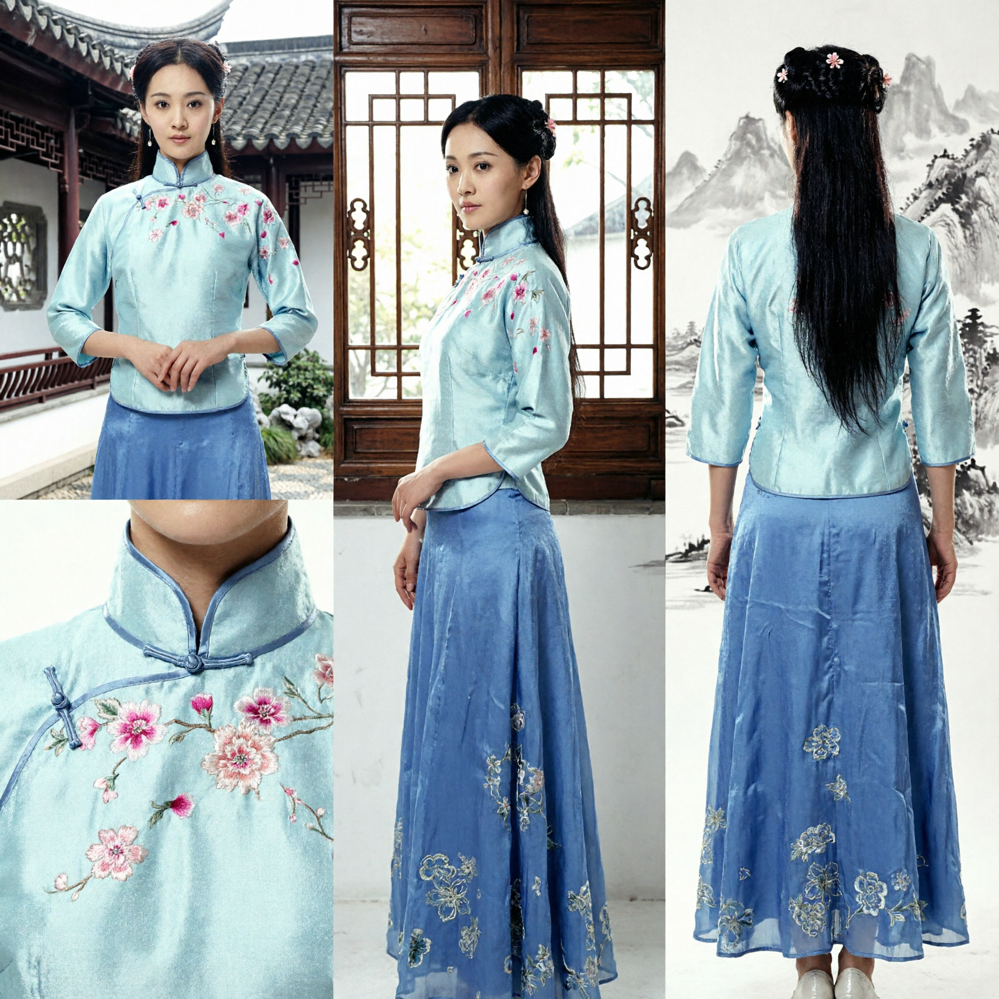 Conjunto Tradicional Chino Estilo República de China Blusa y Falda de Seda Azul Bordada para Actuación Cultural de Mujeres - Asian Costume